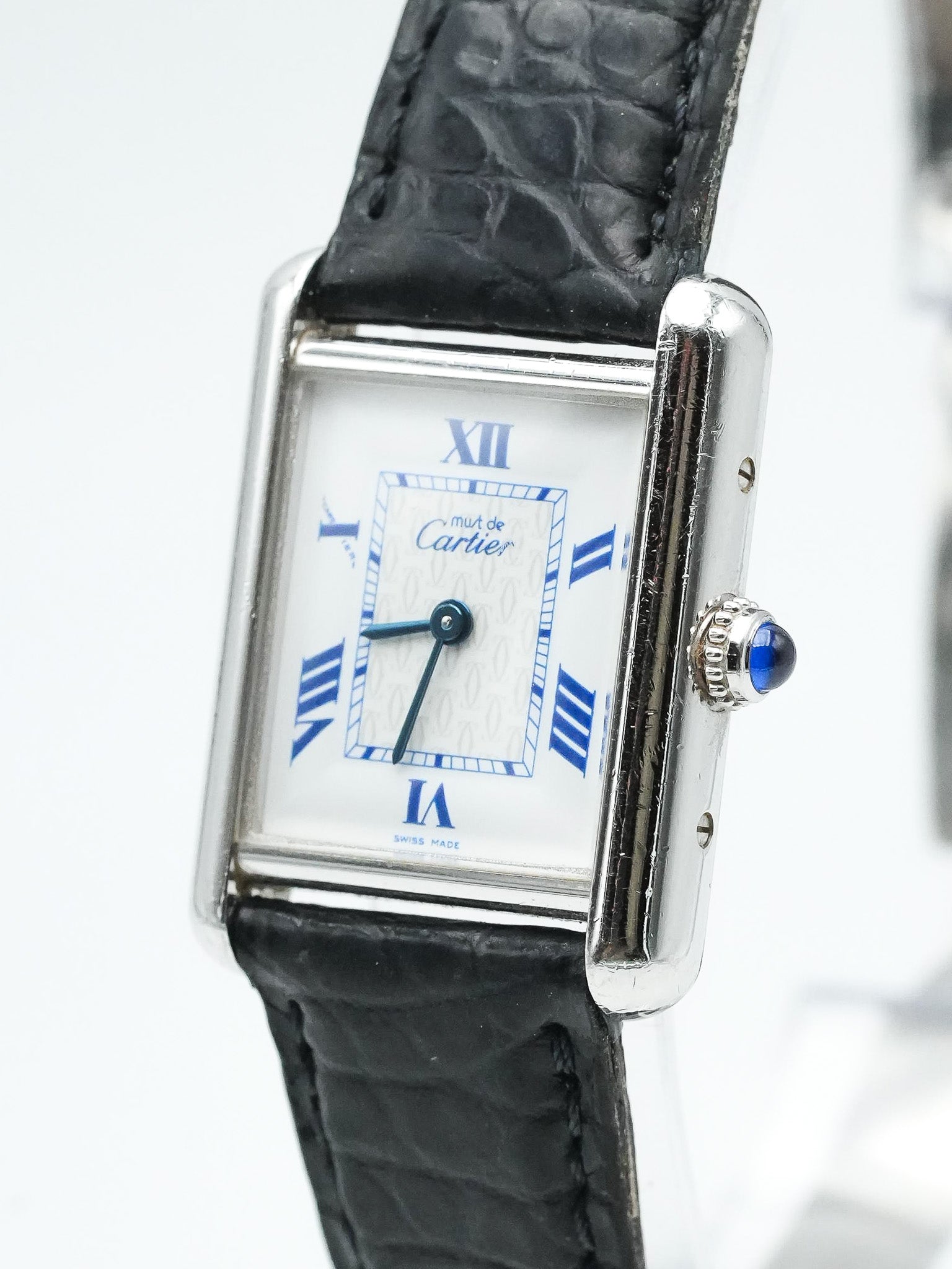 Cartier - Tank Must SM 2416 en argent massif index bleu - 1990s - Atelier Victor Paris - Vintage Watch Shop Dubai