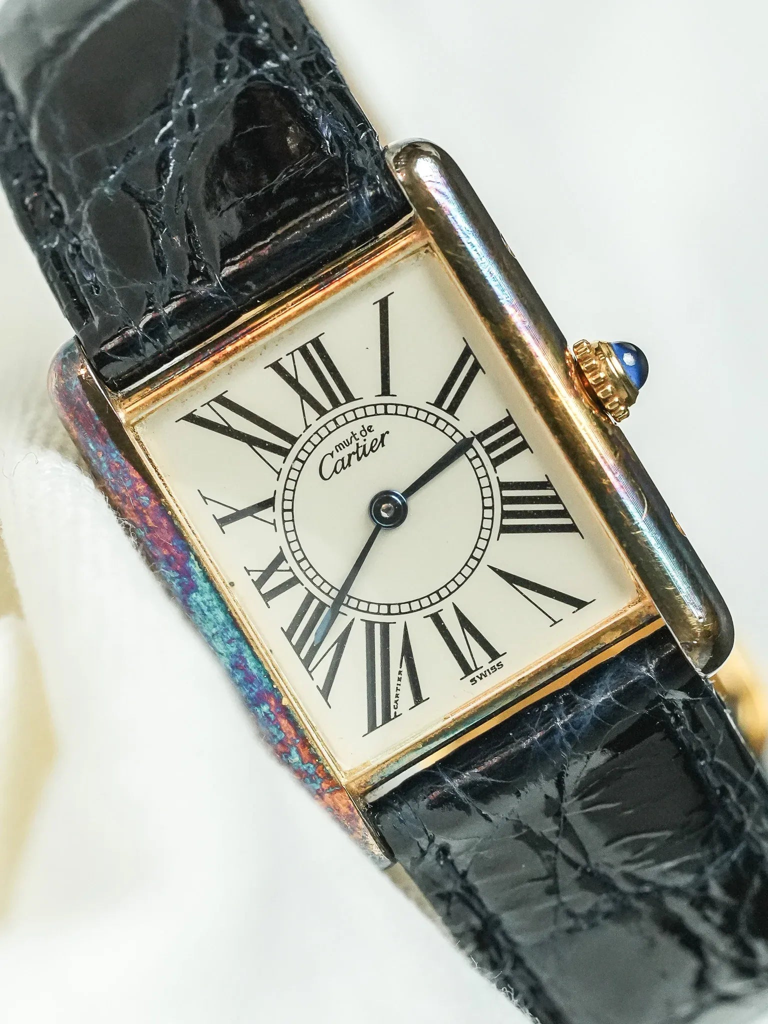Cartier - Tank Must Vermeil 590005 Medium Opaline Patine Bleu Pétrole - 1980s - Atelier Victor