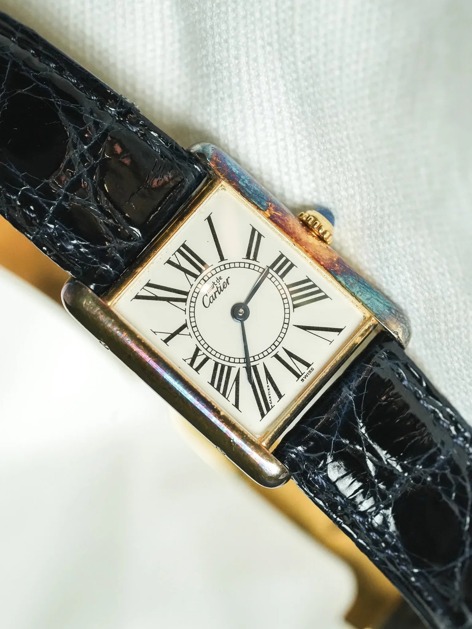 Cartier - Tank Must Vermeil 590005 Medium Opaline Patine Bleu Pétrole - 1980s - Atelier Victor