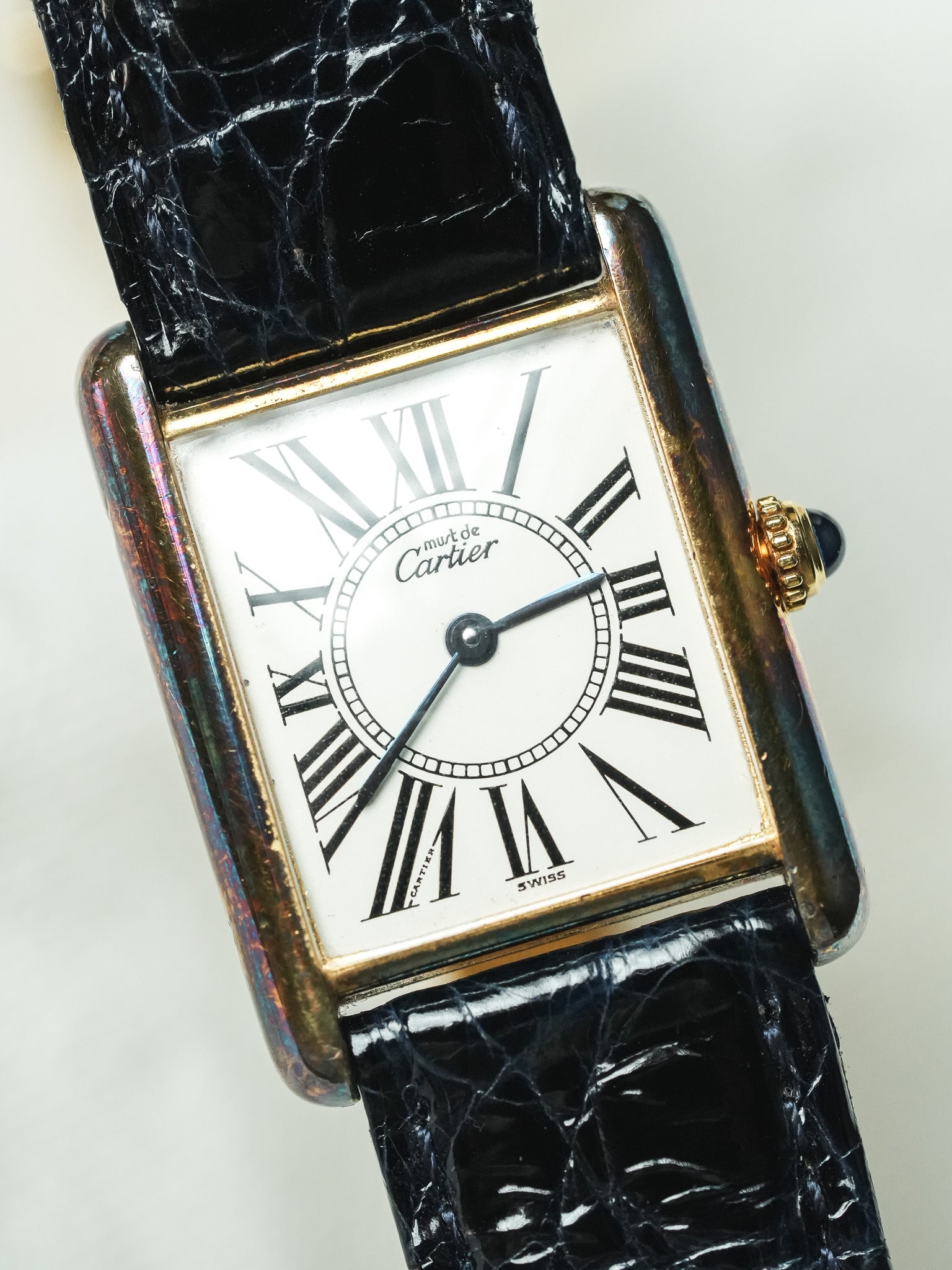 Cartier - Tank Must Vermeil 590005 Medium Opaline Patine Bleu Pétrole - 1980s - Atelier Victor - Vintage Watch Shop