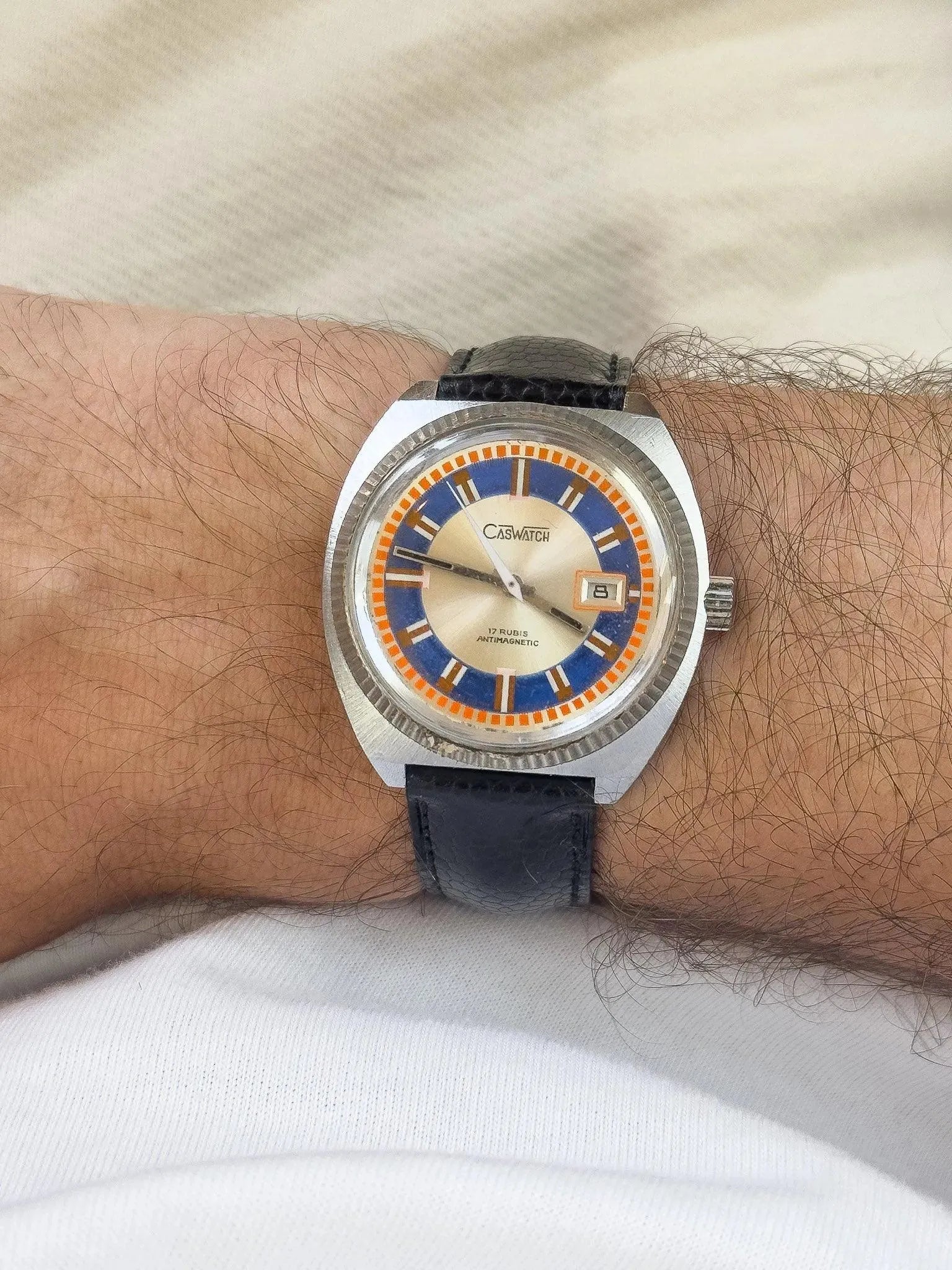 CasWatch - Blue & Orange Date - 1970s - Atelier Victor Paris - Vintage Watch Shop Dubai
