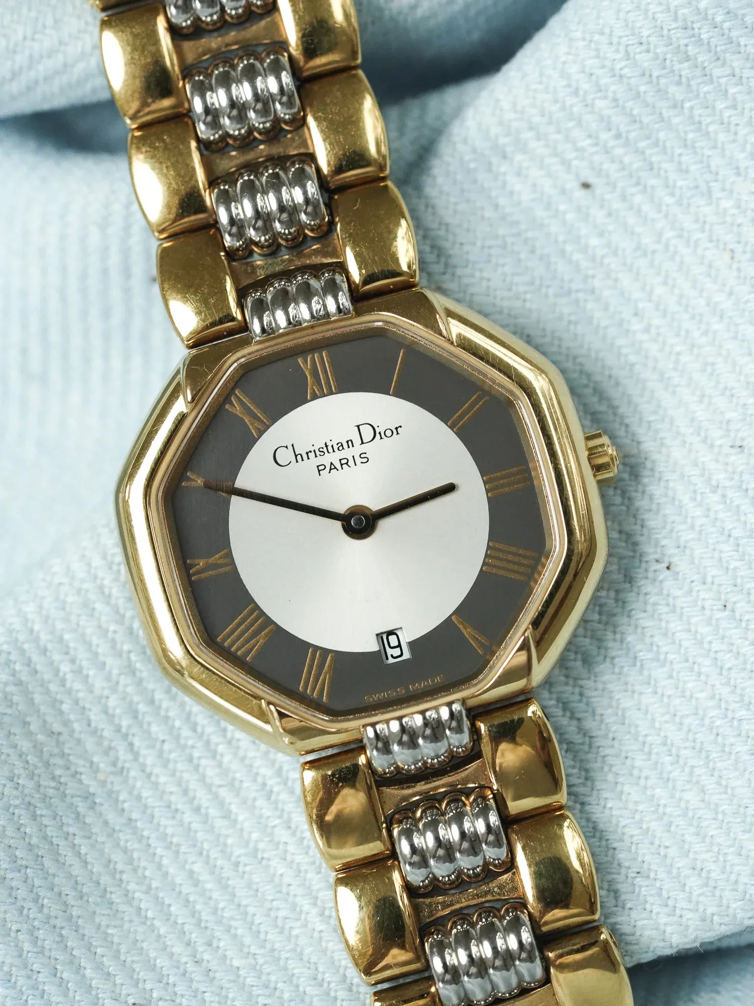 Christian Dior - 48.133 Octogonale Or Acier Cadran Gris- 1990s - Atelier Victor