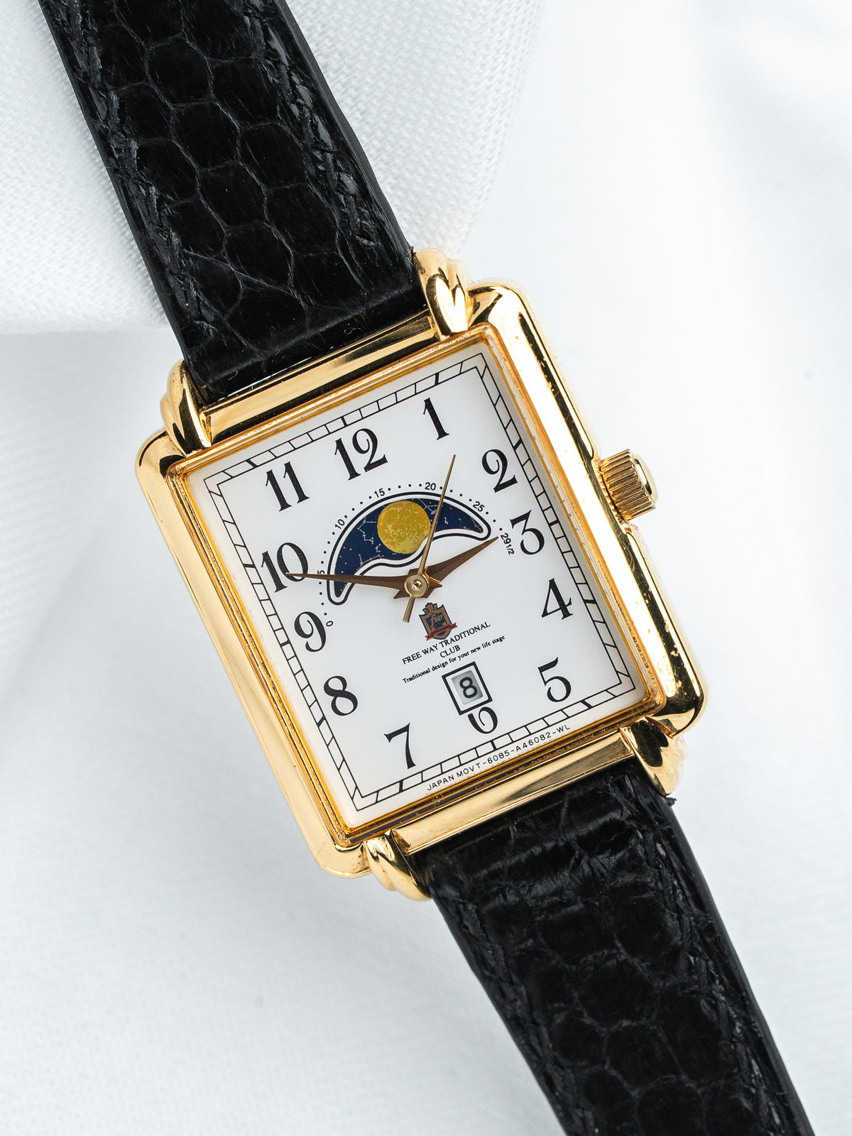 Vintage Free Way Traditional Club watch, gold case, white dial, black leather strap