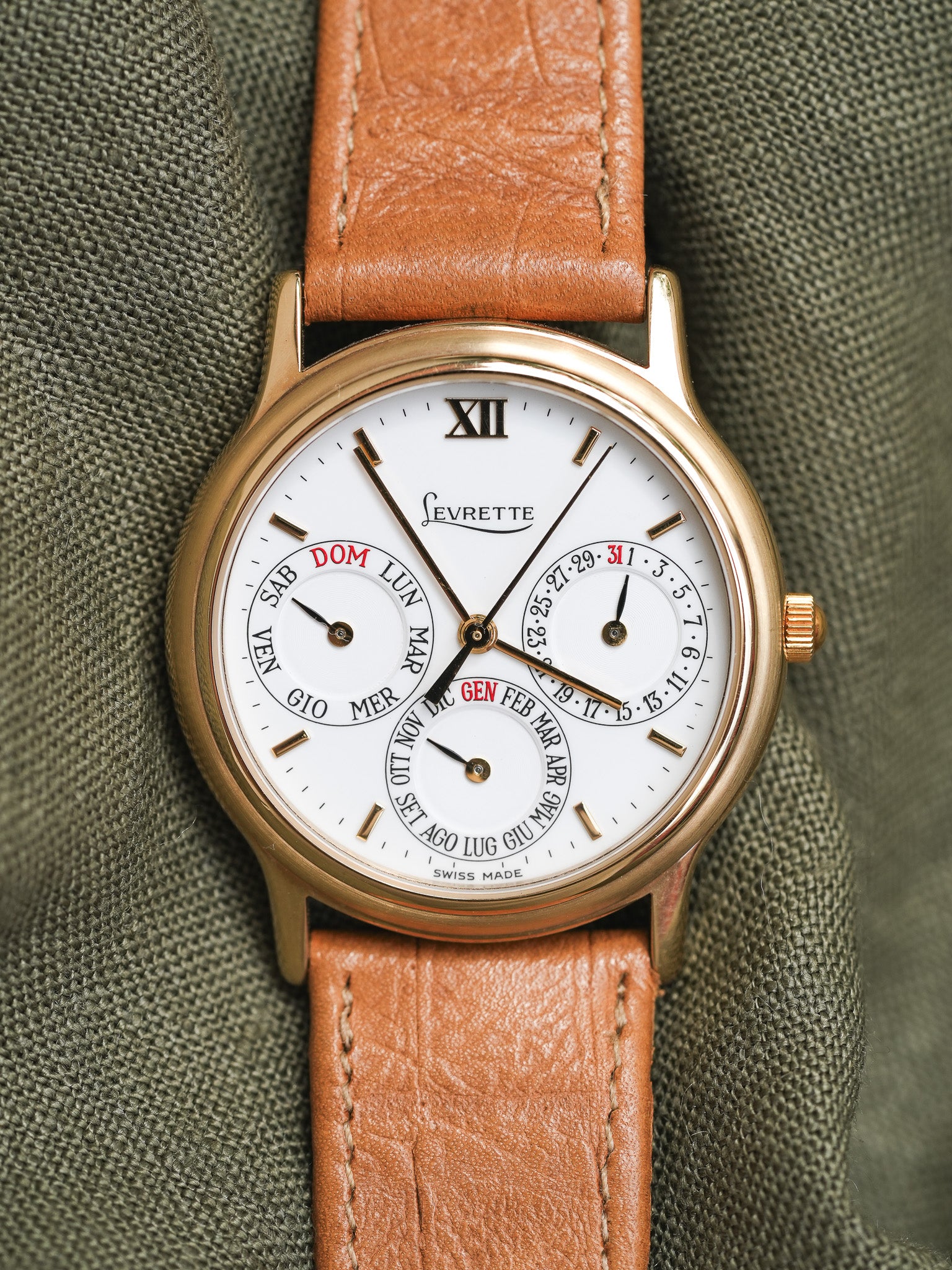 Levrette - Triple Calendar Plaqué or Blanc - NOS - 1990s - Atelier Victor Paris - Vintage Watch Shop Dubai