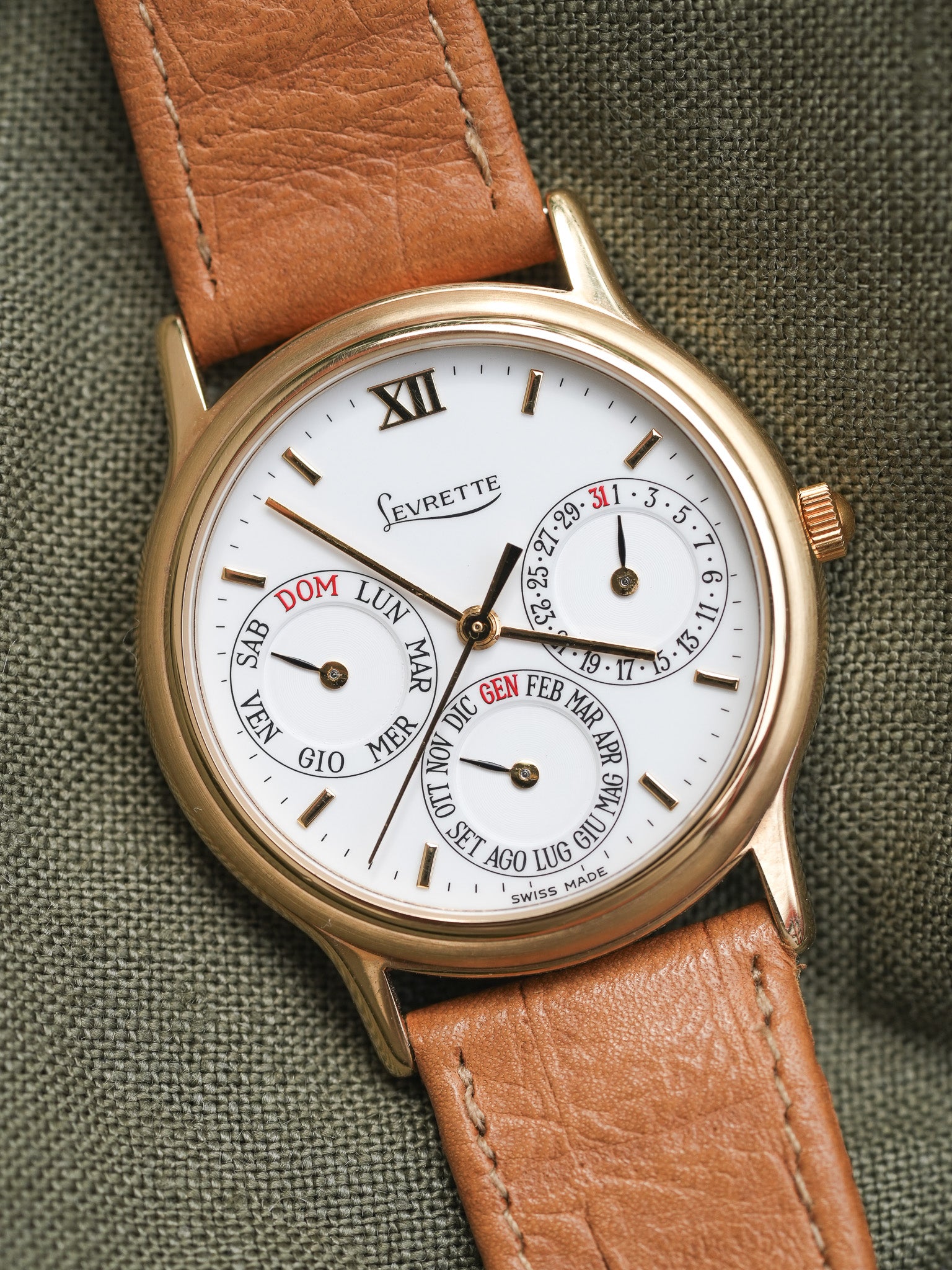 Levrette - Triple Calendar Plaqué or Blanc - NOS - 1990s - Atelier Victor Paris - Vintage Watch Shop Dubai