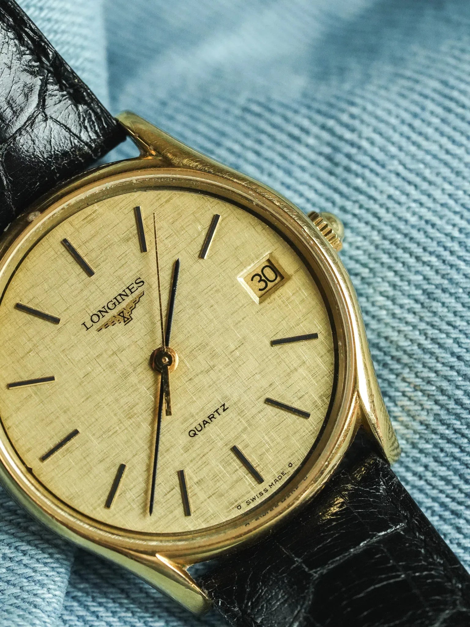 Longines - Cadran lin date plaqué or index onyx - 1980s - Atelier Victor