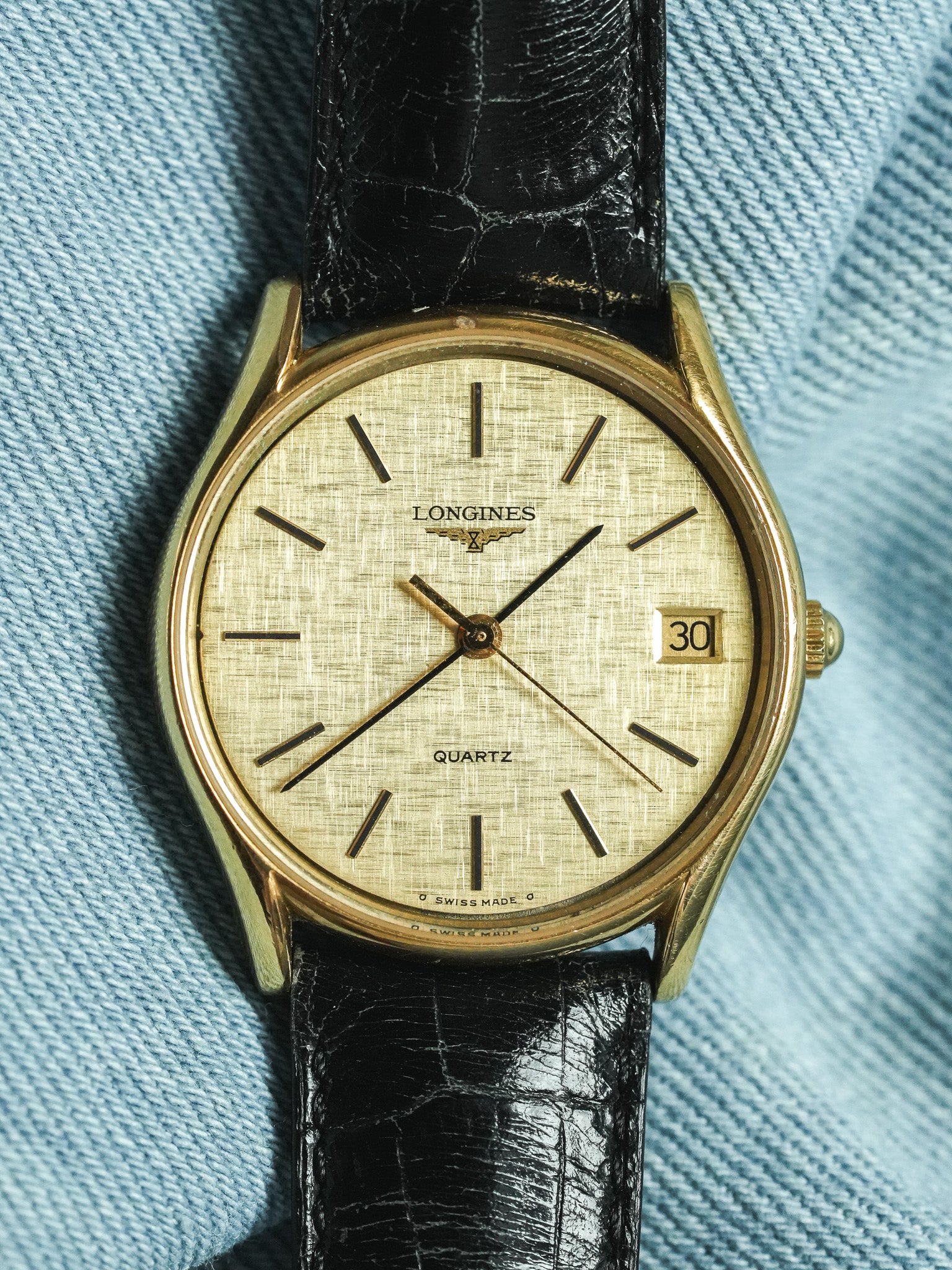 Longines - Cadran lin date plaqué or index onyx - 1980s - Atelier Victor - Vintage  Shop