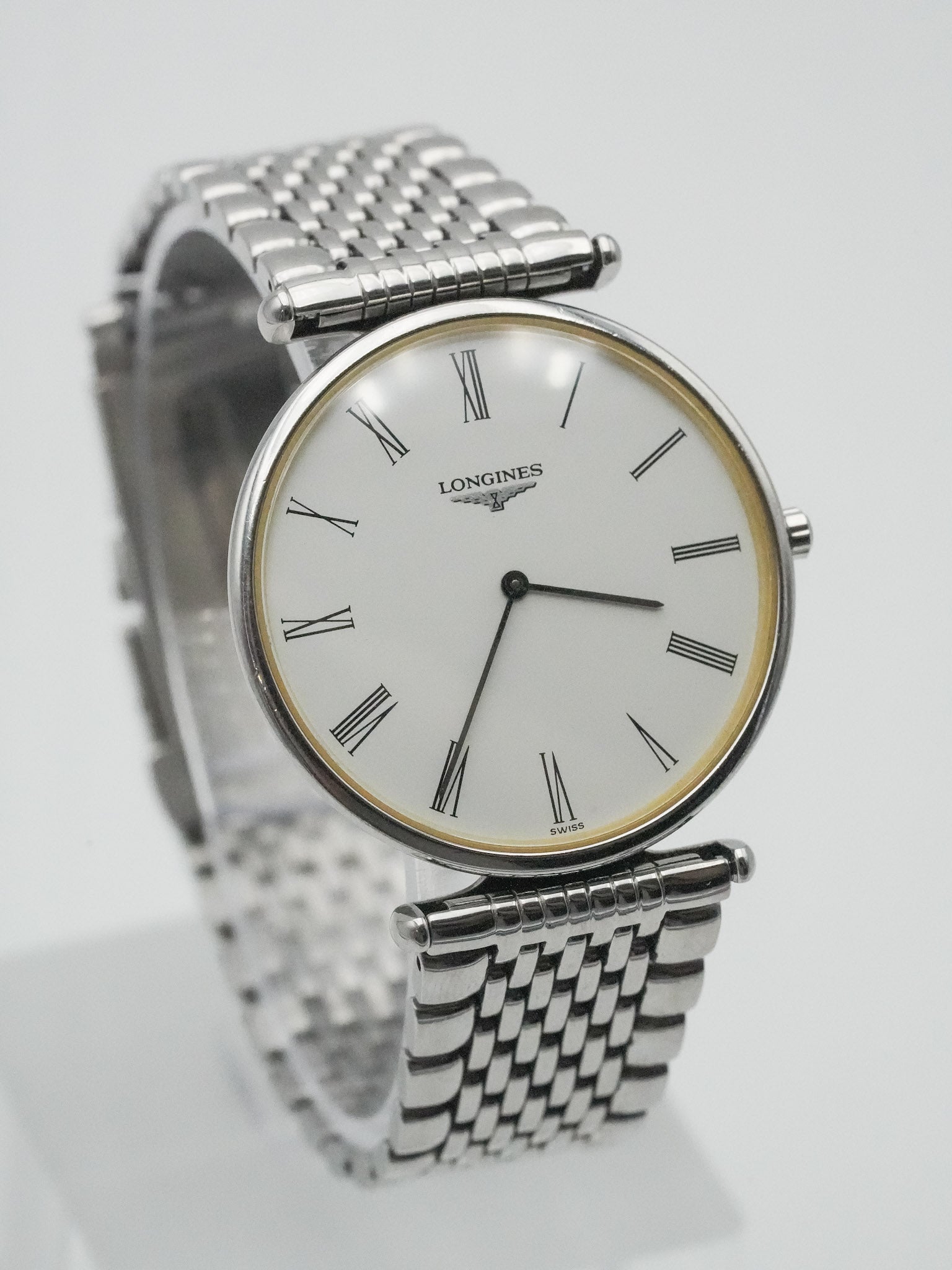 Longines - La Grande Classique Extra Plat acier maille cadran blanc - 1990s - Atelier Victor - Vintage  Shop