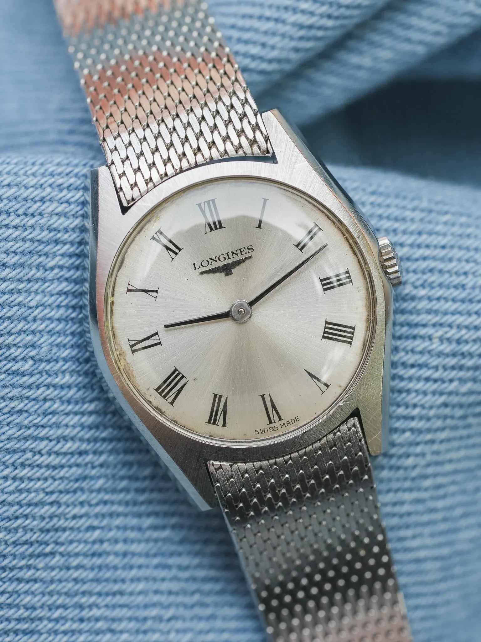 Longines - mini Dress Watch en maille milanaise acier index romain - 1970s - Atelier Victor