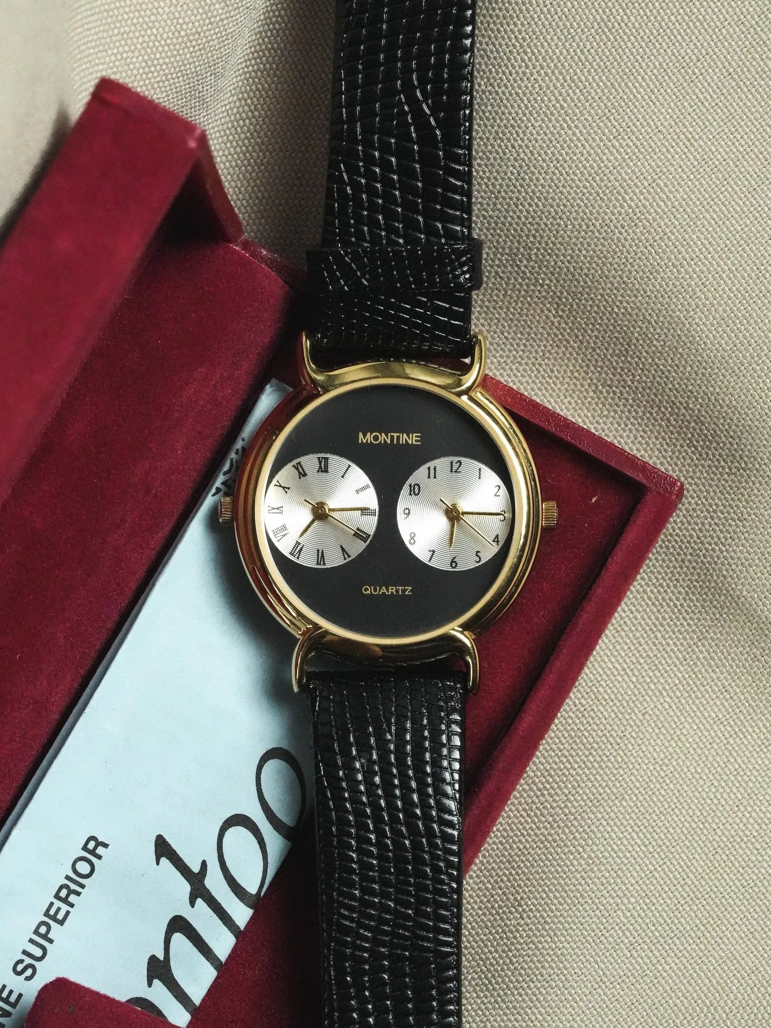 Montine - Double fuseaux horaires cadran noir - boite & papier - 1990s - Atelier Victor