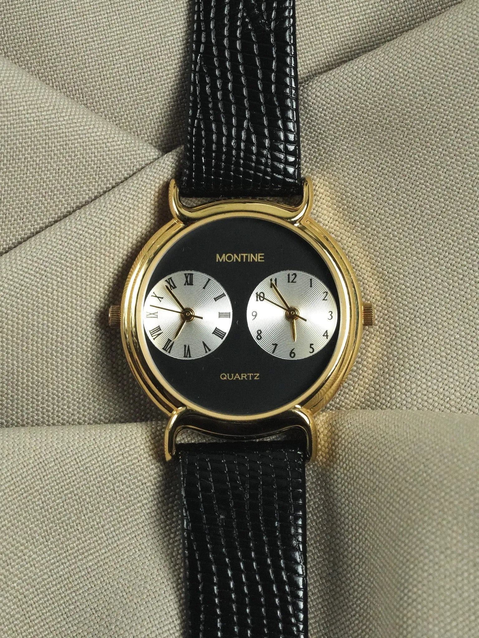 Montine - Double fuseaux horaires cadran noir - boite & papier - 1990s - Atelier Victor