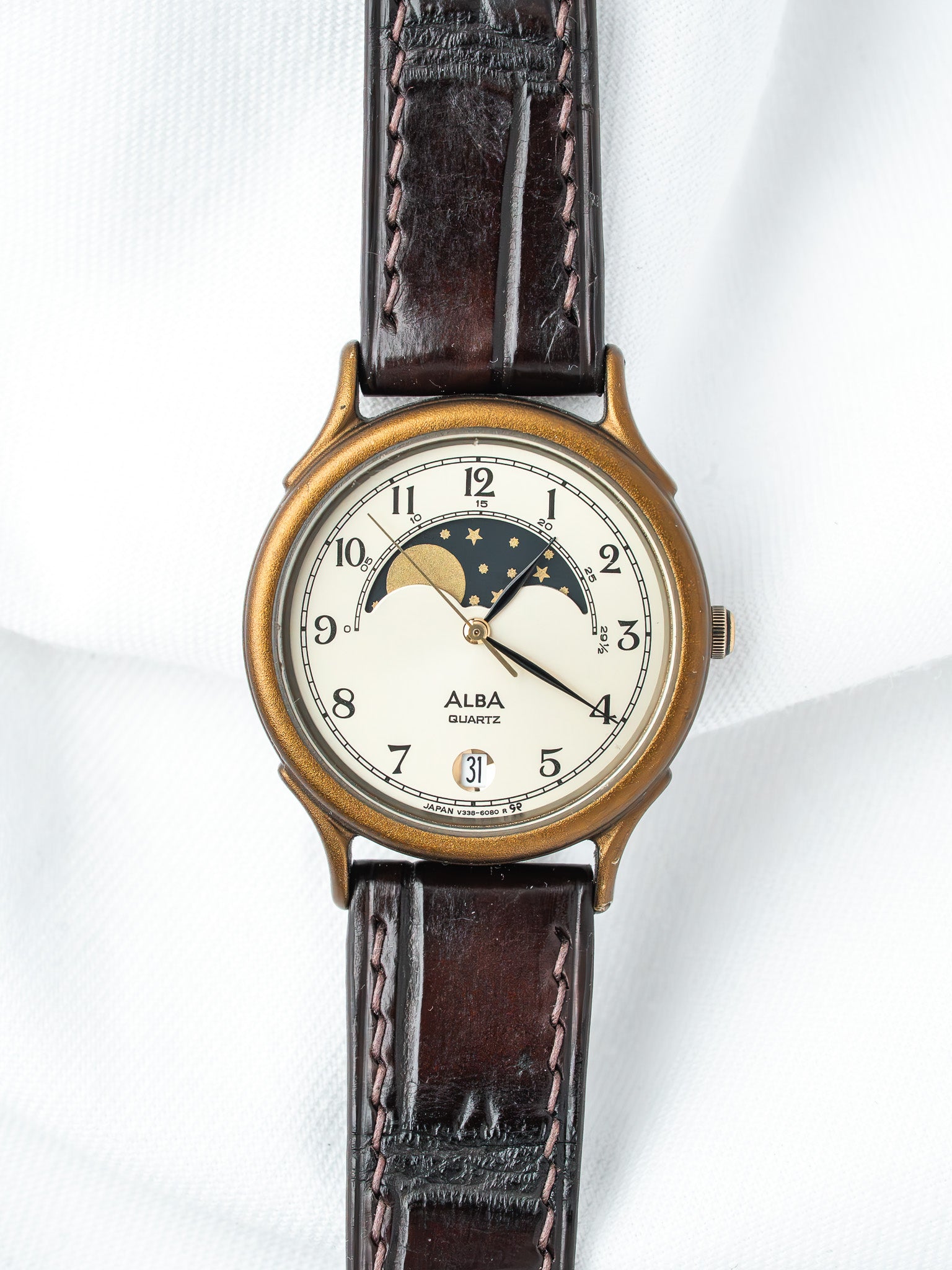 Alba Quartz vintage watch with moon phase, gold-tone case, brown leather strap