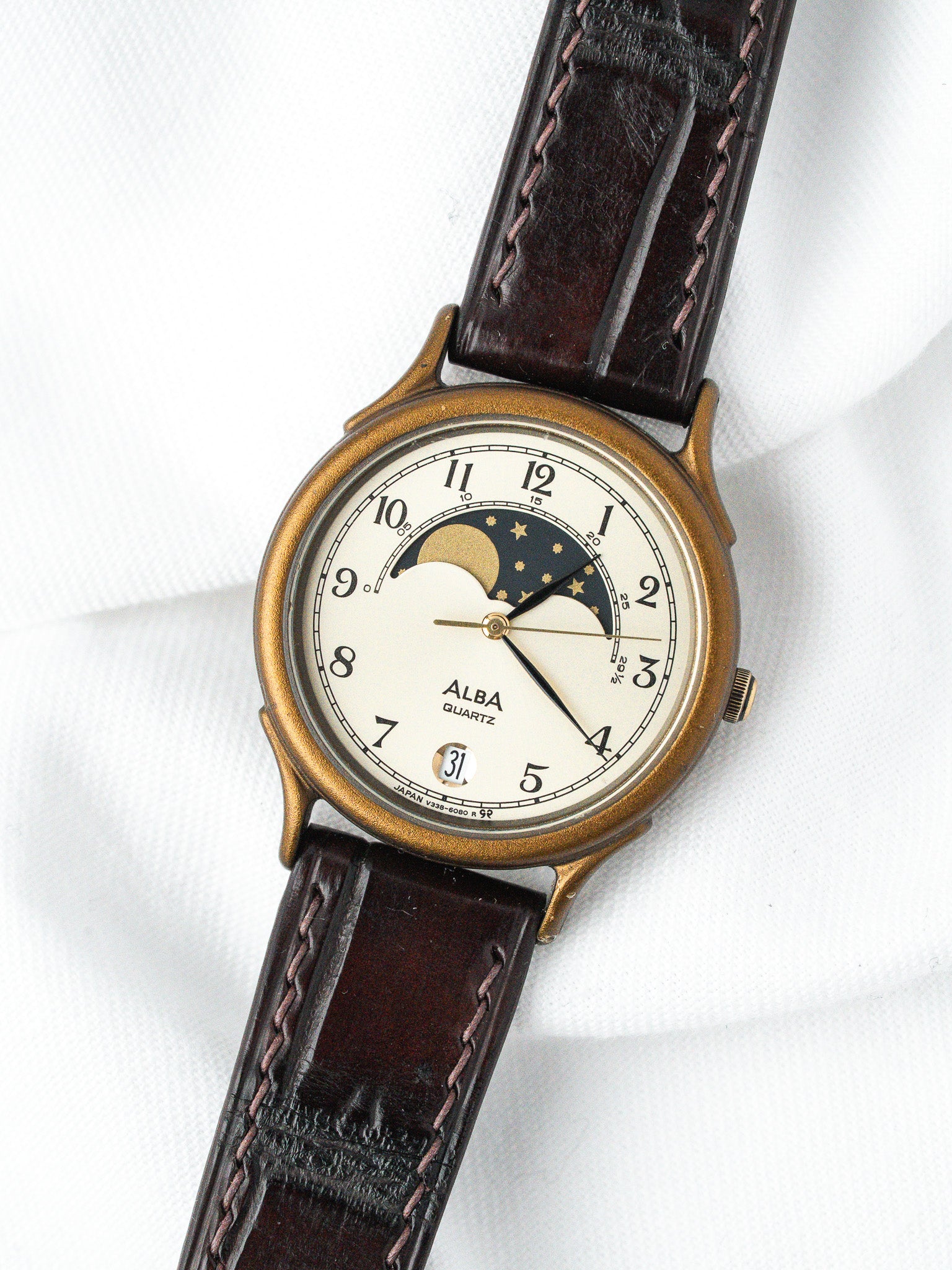 Alba Quartz vintage watch with moon phase, gold-tone case, cream dial, brown leather strap