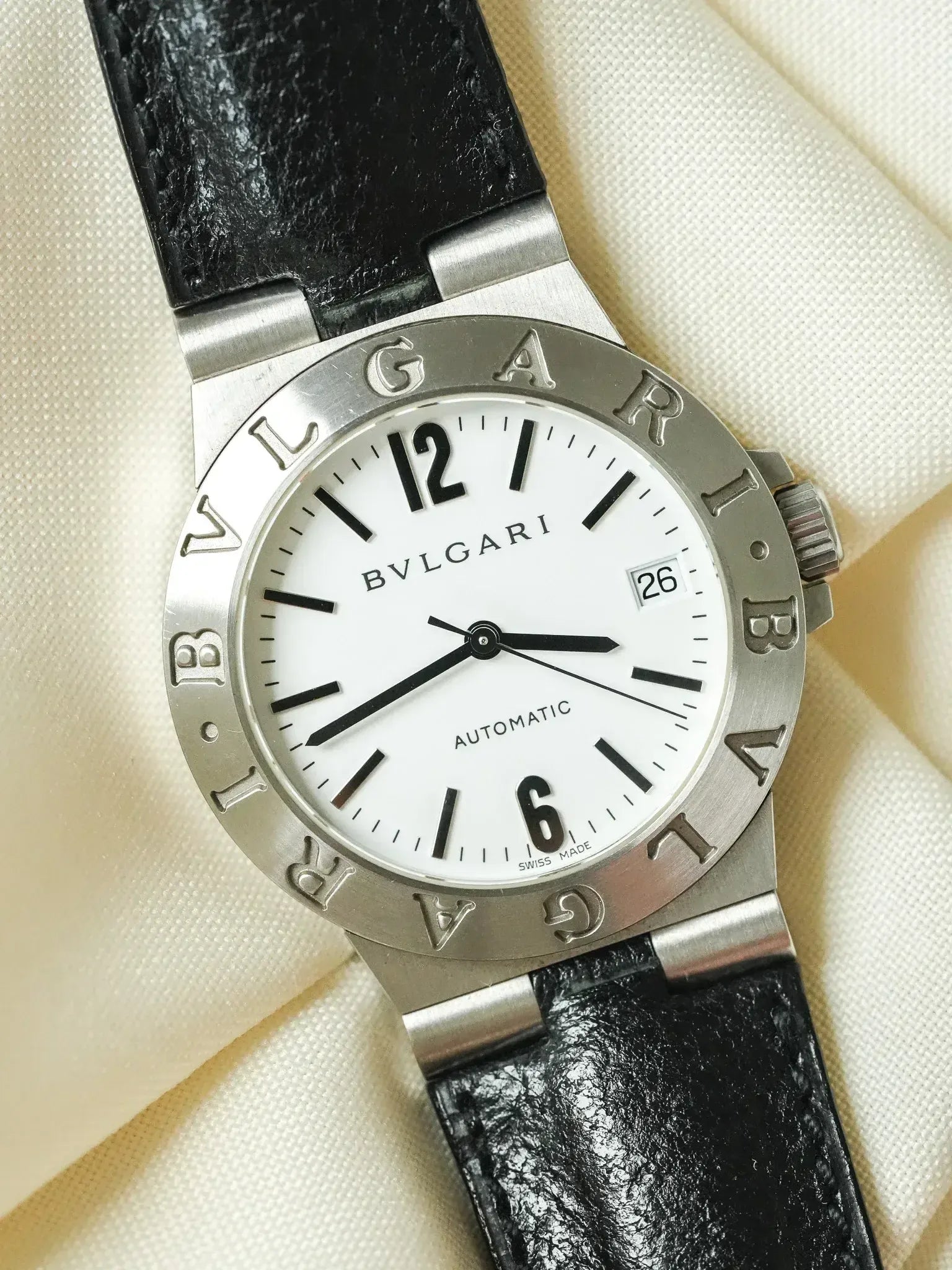 Bvlgari Diagono LCV35S Watch - Automatic White Steel Leather Strap