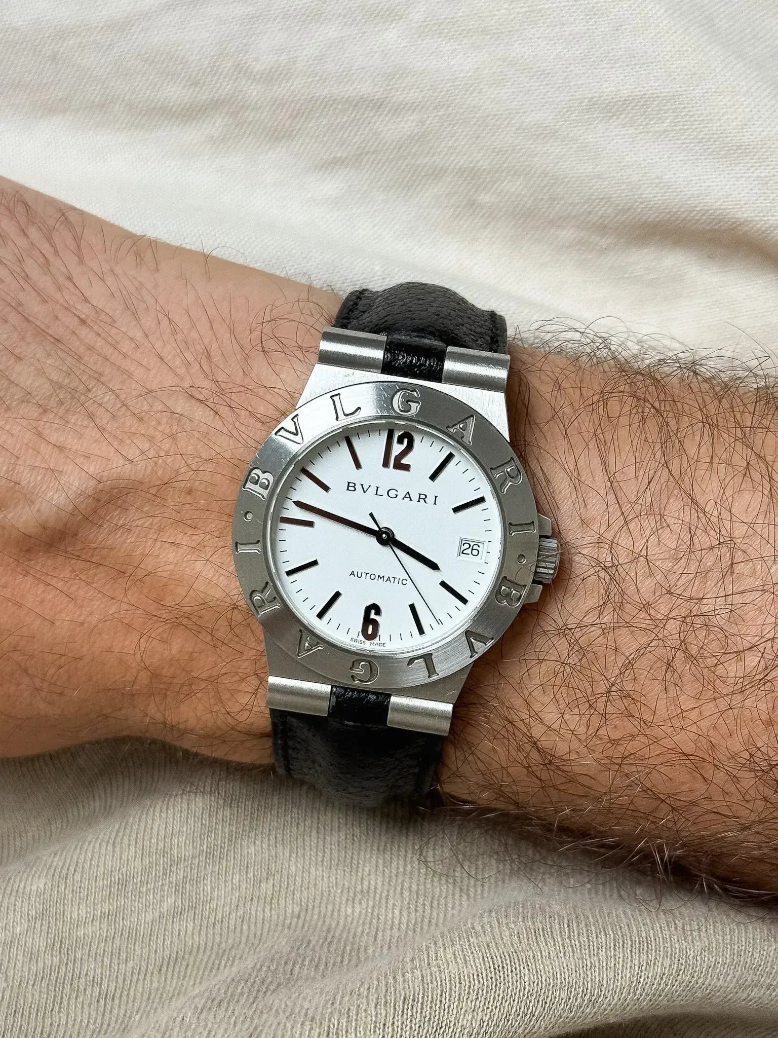 Bvlgari Diagono LCV35S Watch - Automatic White Steel Leather Strap