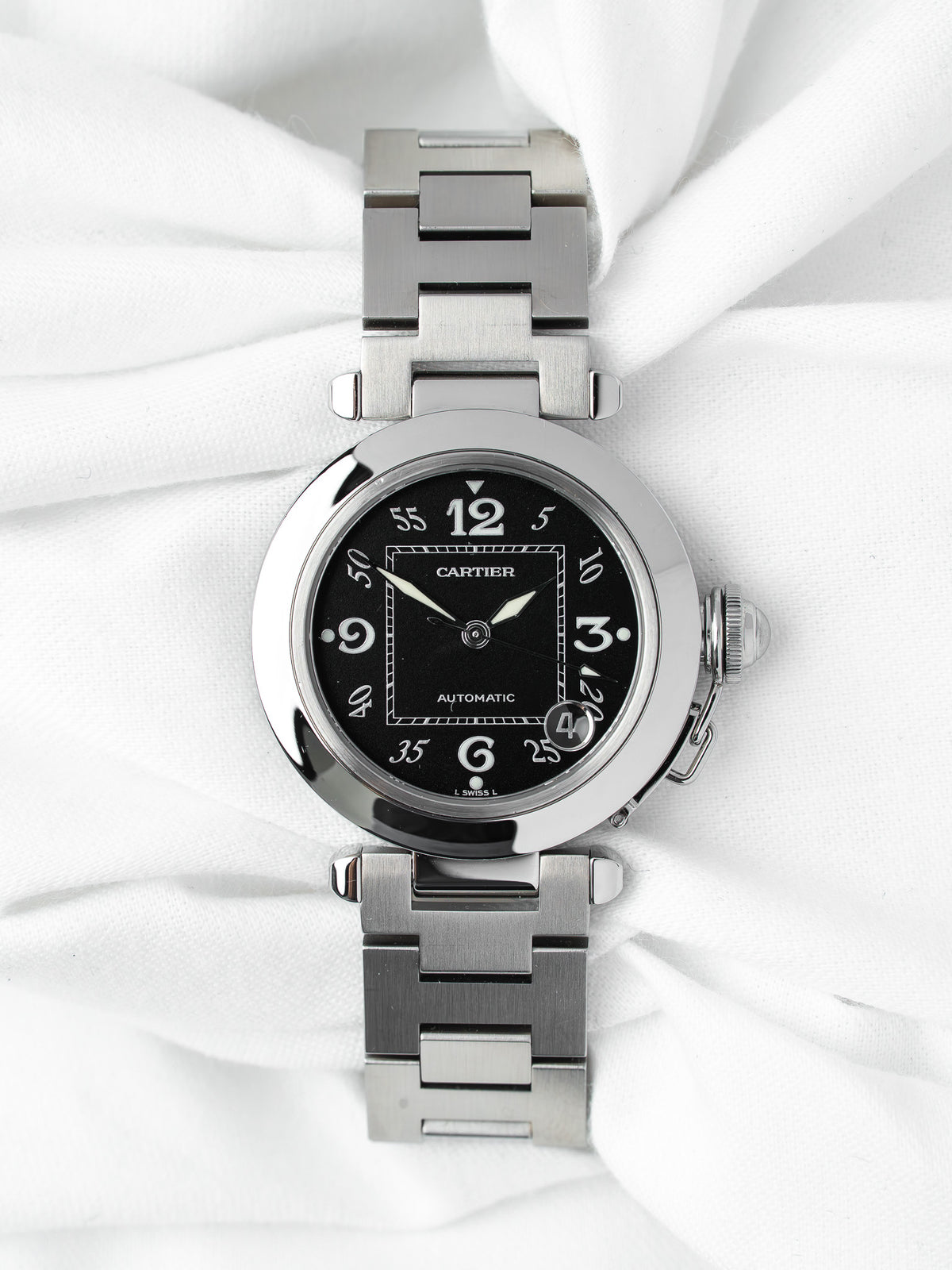 Cartier Pasha automatic watch with black dial and stainless steel bracelet