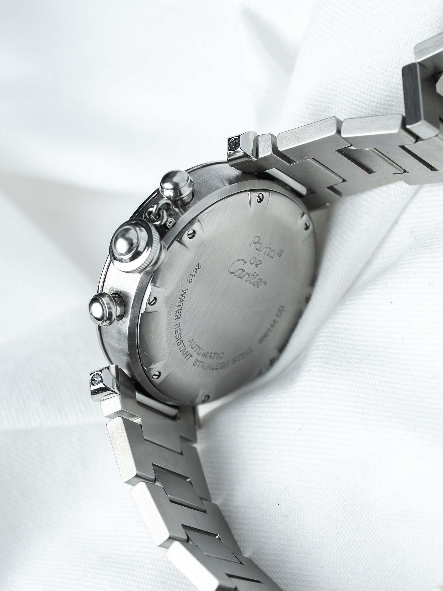 Cartier Pasha de Cartier stainless steel watch back with automatic movement details