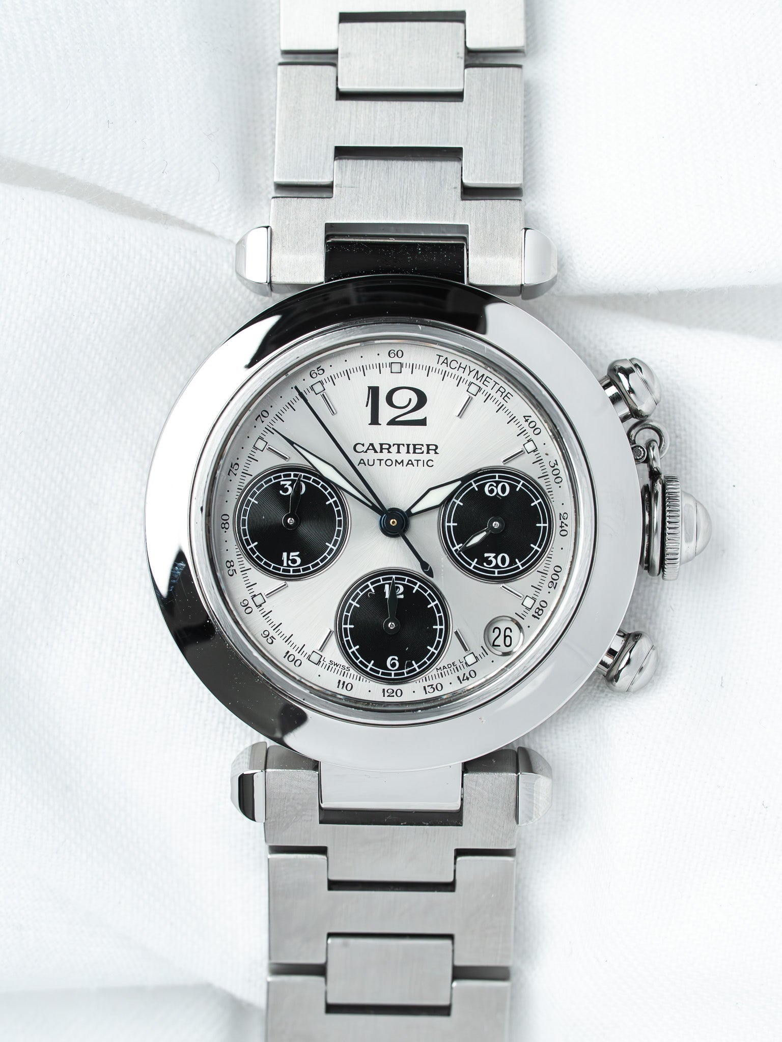 ساعة Cartier Pasha C 2412 فولاذ — كرونوغراف قرص باندا (2000s) 
