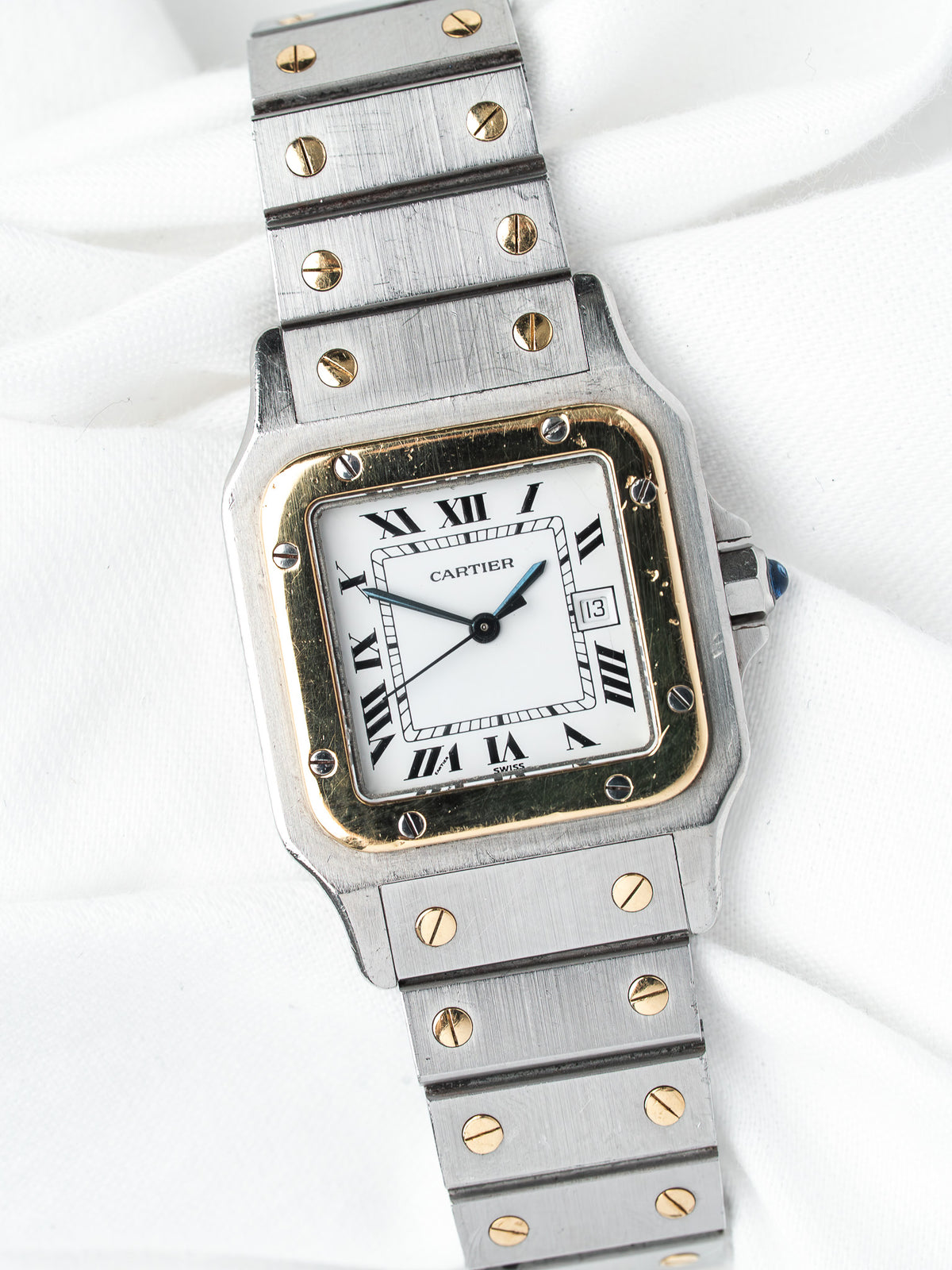 Boîtier carré bicolore vu de dessus - Montre Cartier Santos Carrée 2961 Vintage - Atelier Victor