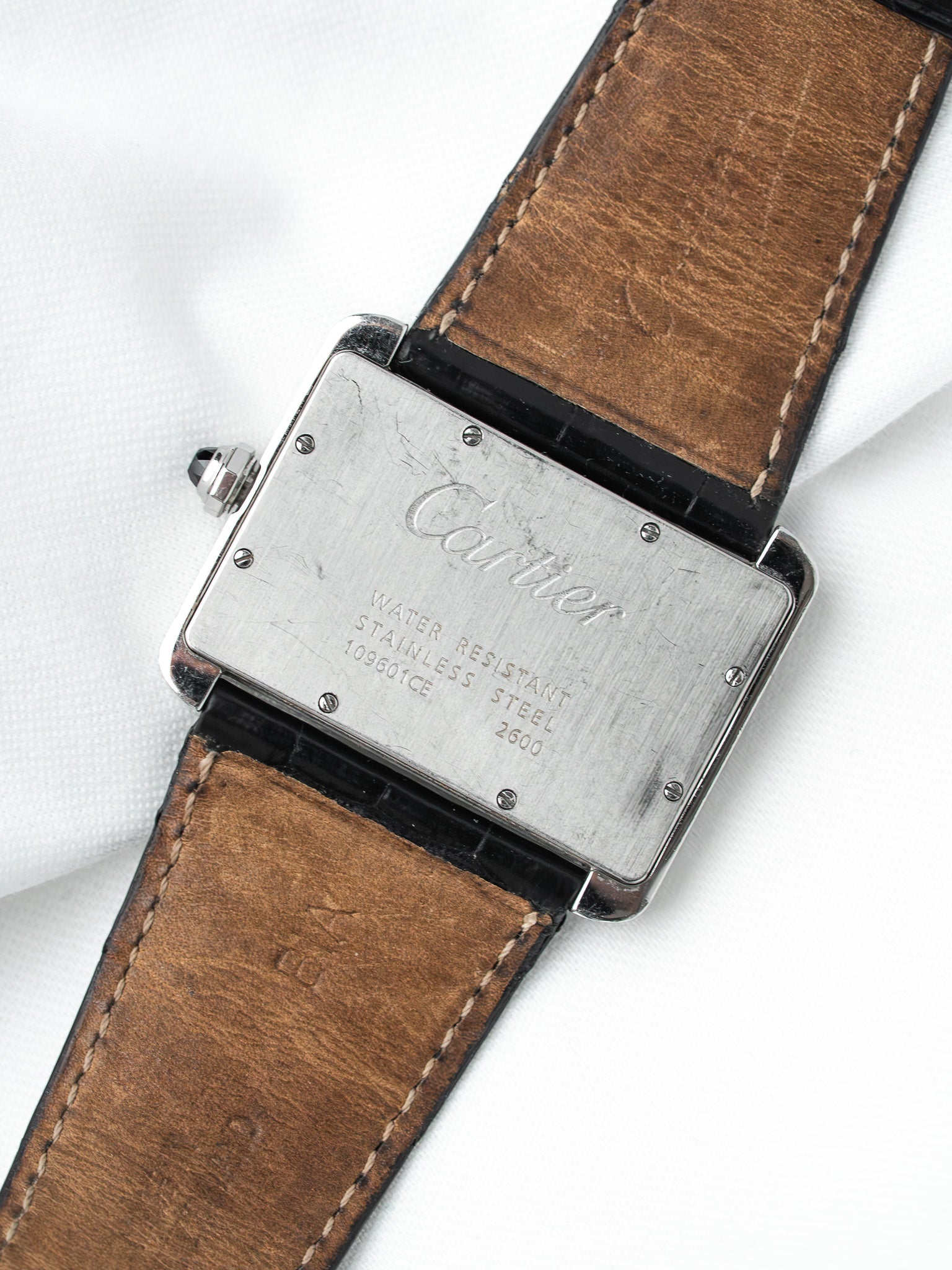 Cartier vintage watch back stainless steel water resistant with brown leather strap