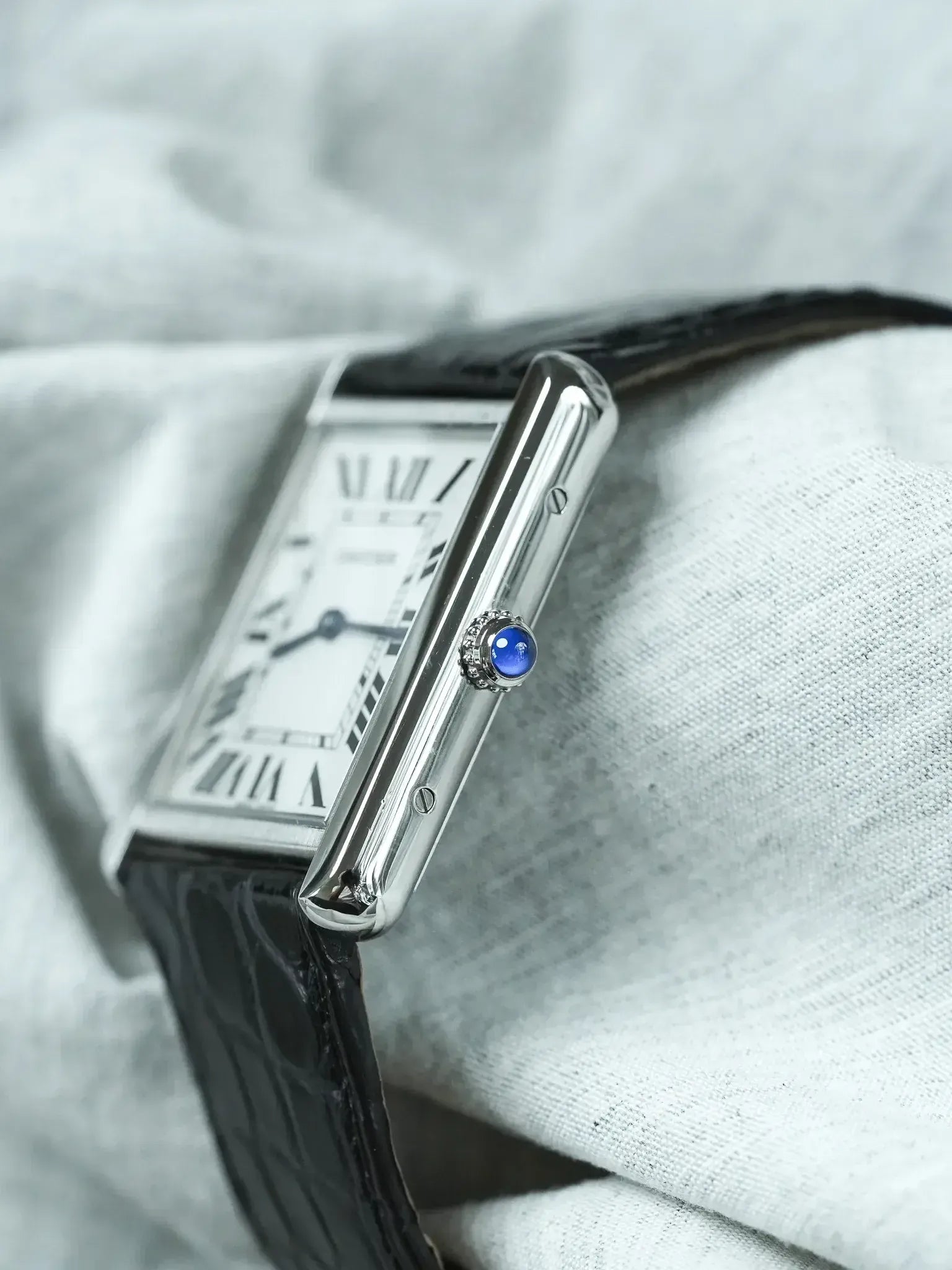 Cartier Tank Solo Steel Watch with Black Strap and Blue Cabochon Cartier Tank Solo Large Model WSTA0028 – Noah main image 3