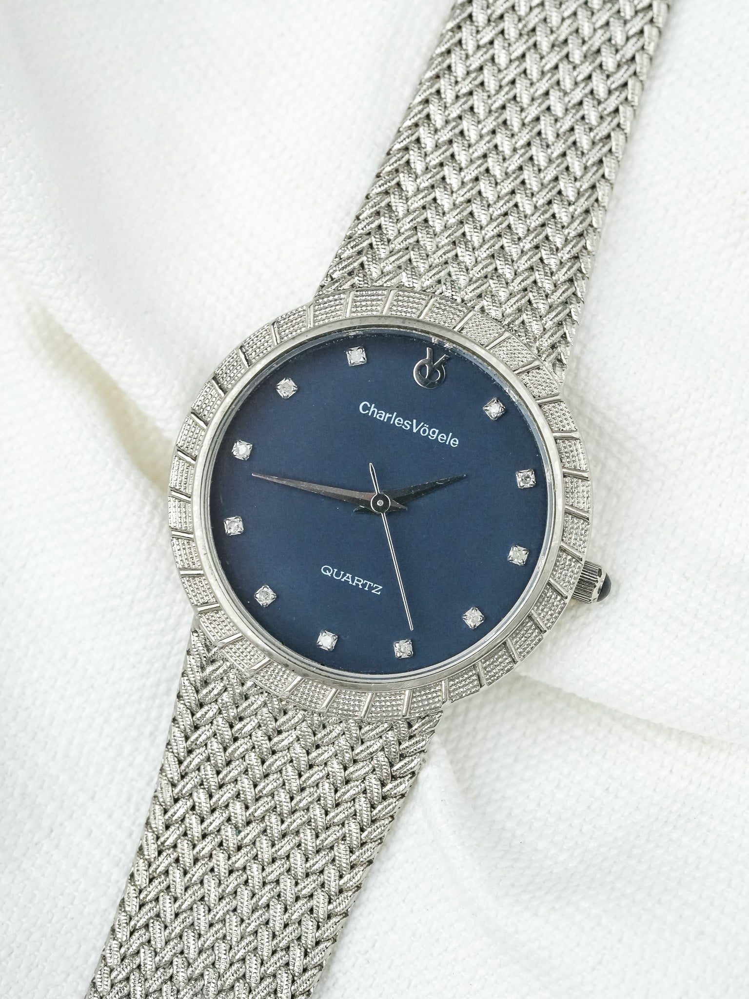 Montre Charles Vogele Vintage - Plaqué Platine Bracelet intégré Bleu (Années 1990) - Atelier Victor