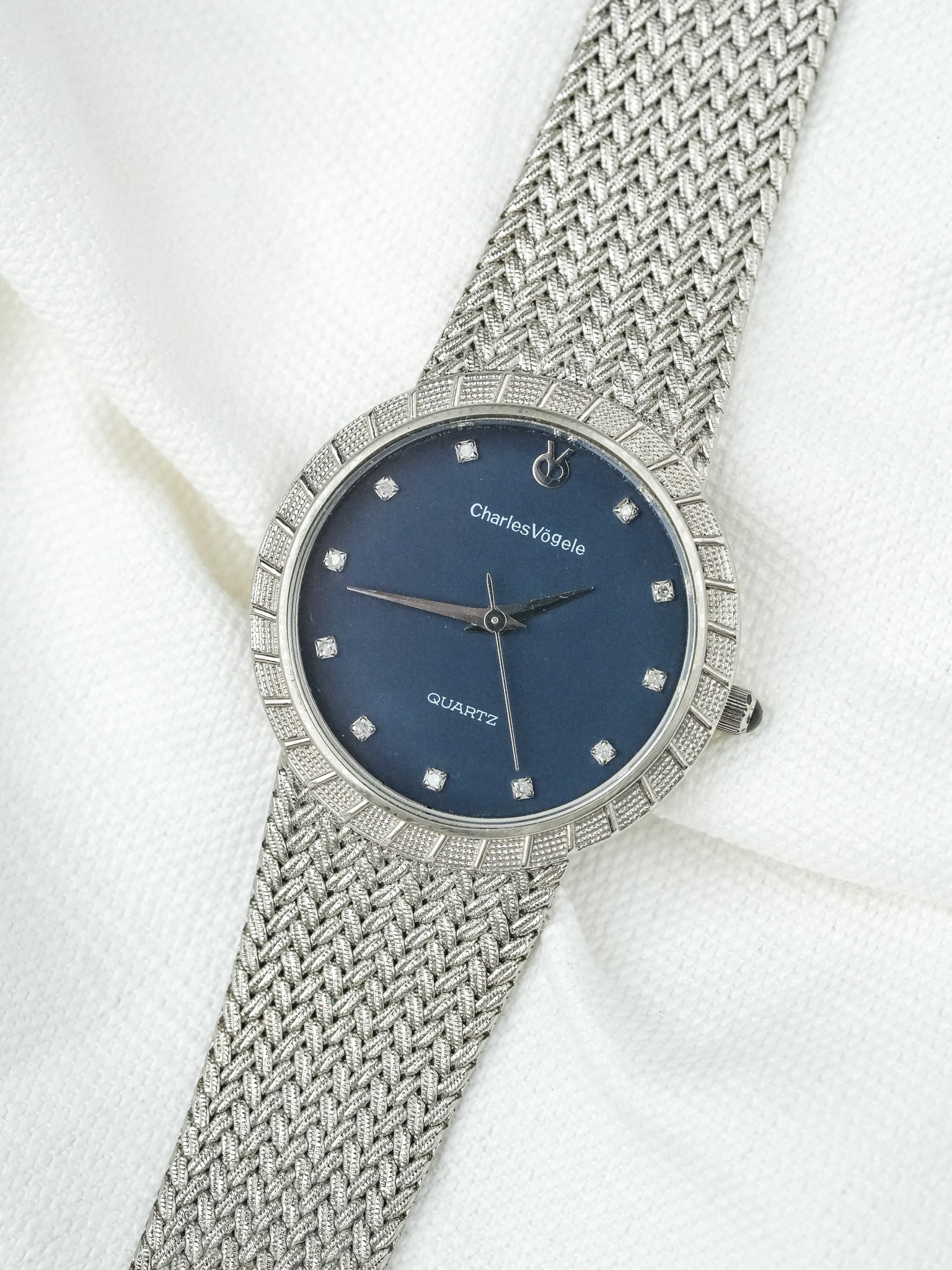 Montre Charles Vogele Vintage - Plaqué Platine Bracelet intégré Bleu (Années 1990) - Atelier Victor