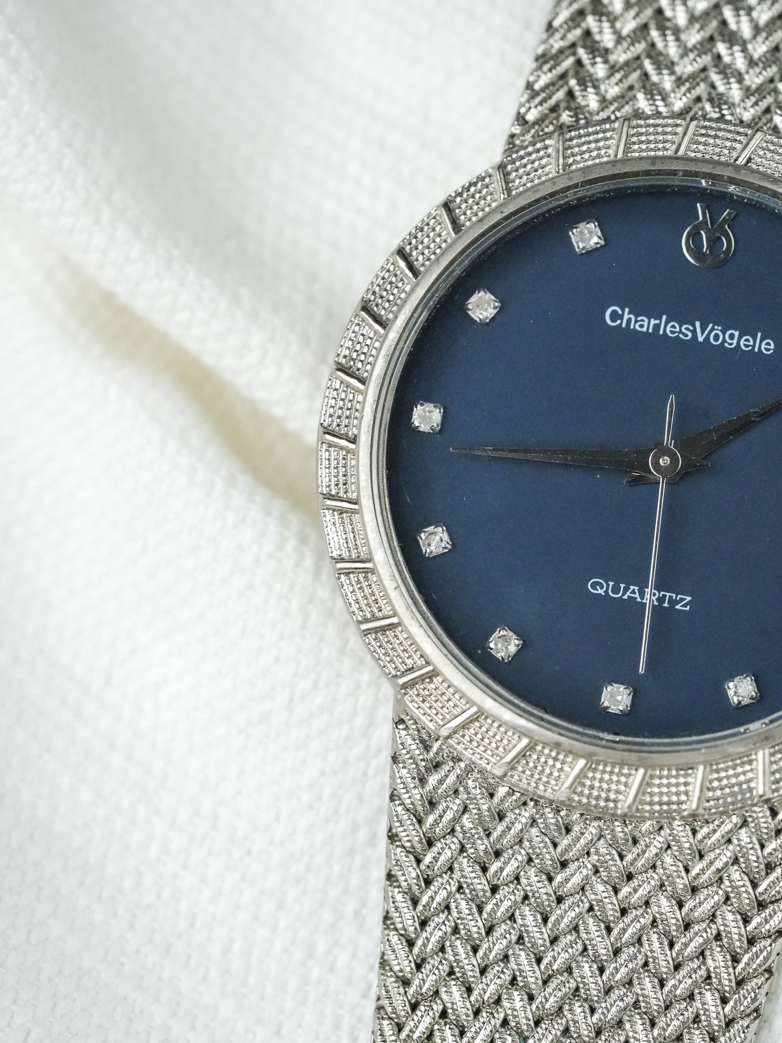 Montre Charles Vogele Vintage - Plaqué Platine Bracelet intégré Bleu (Années 1990) - Atelier Victor
