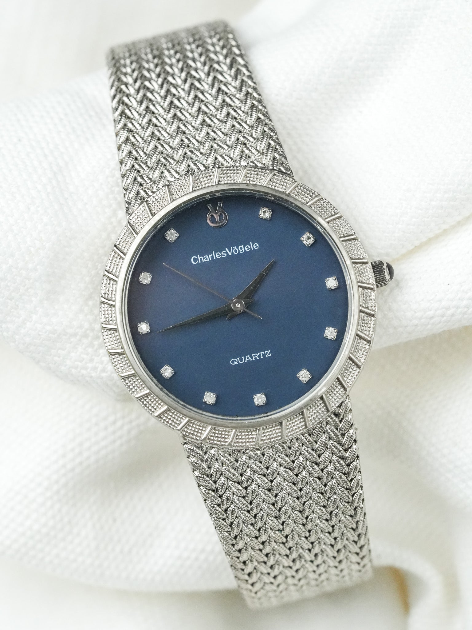 Montre Charles Vogele Vintage - Plaqué Platine Bracelet intégré Bleu (Années 1990) - Atelier Victor