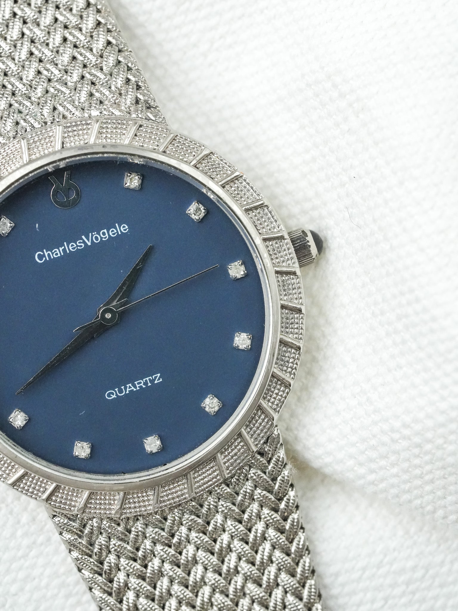 Montre Charles Vogele Vintage - Plaqué Platine Bracelet intégré Bleu (Années 1990) - Atelier Victor