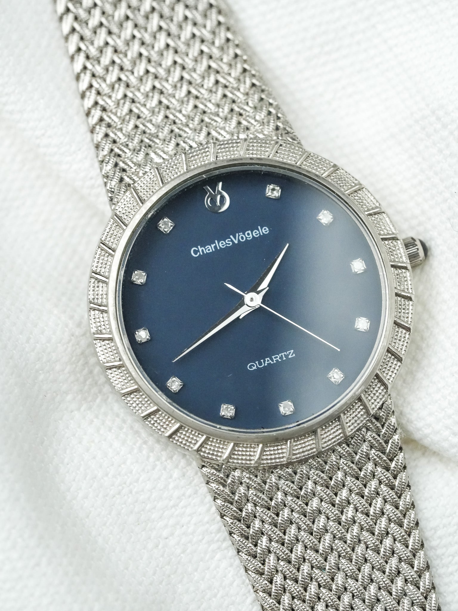 Montre Charles Vogele Vintage - Plaqué Platine Bracelet intégré Bleu (Années 1990) - Atelier Victor