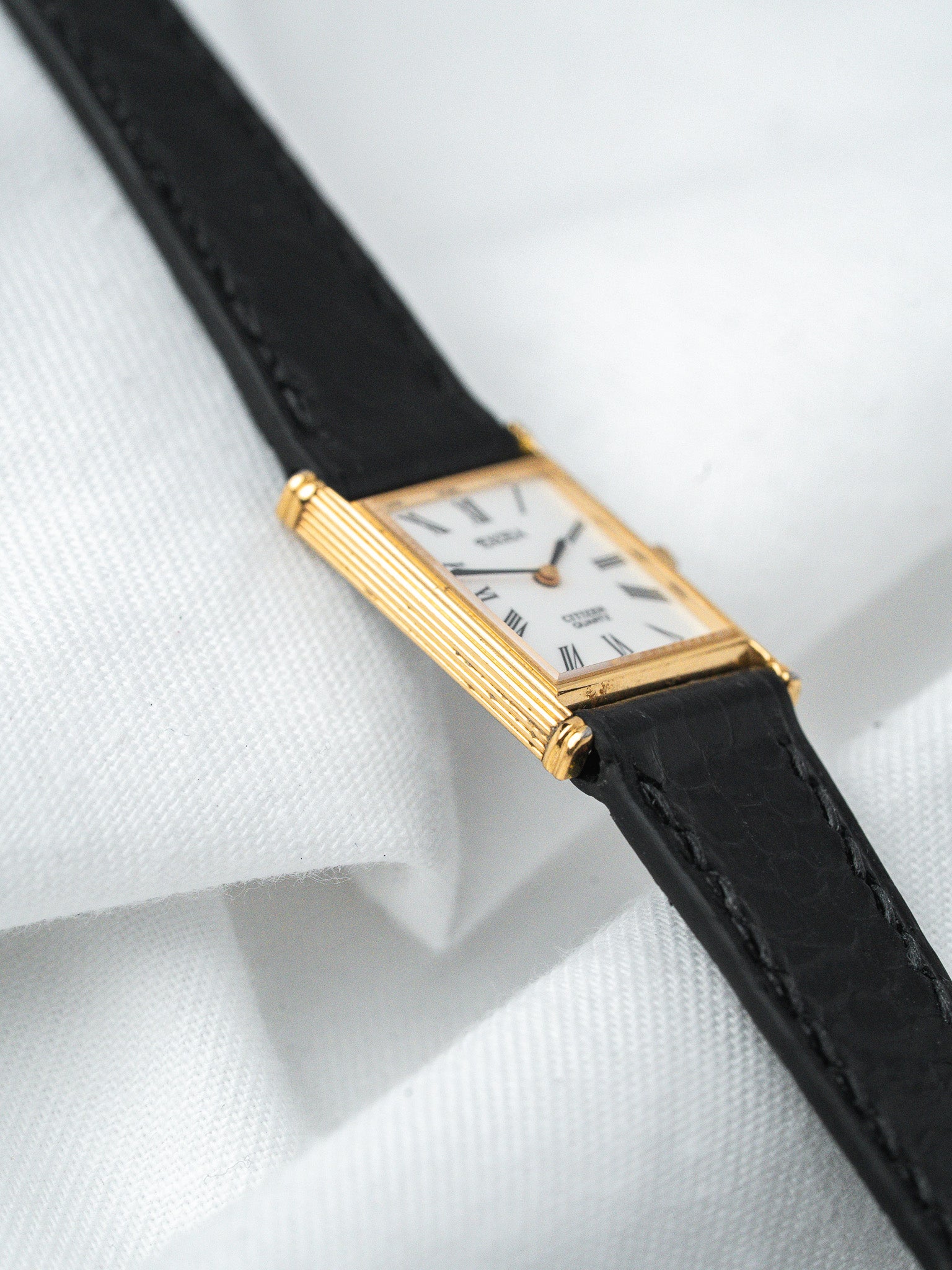 Vintage Citizen Gold-Plated Rectangular Watch — White Dial (1982