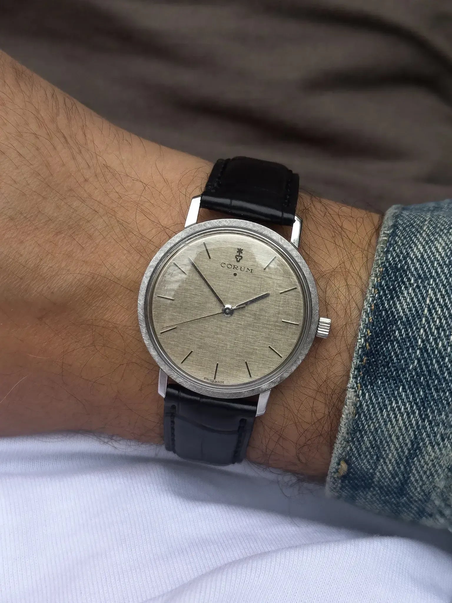 Corum Steel Automatic Watch Silver Linen Dial (1980s) - Atelier Victor