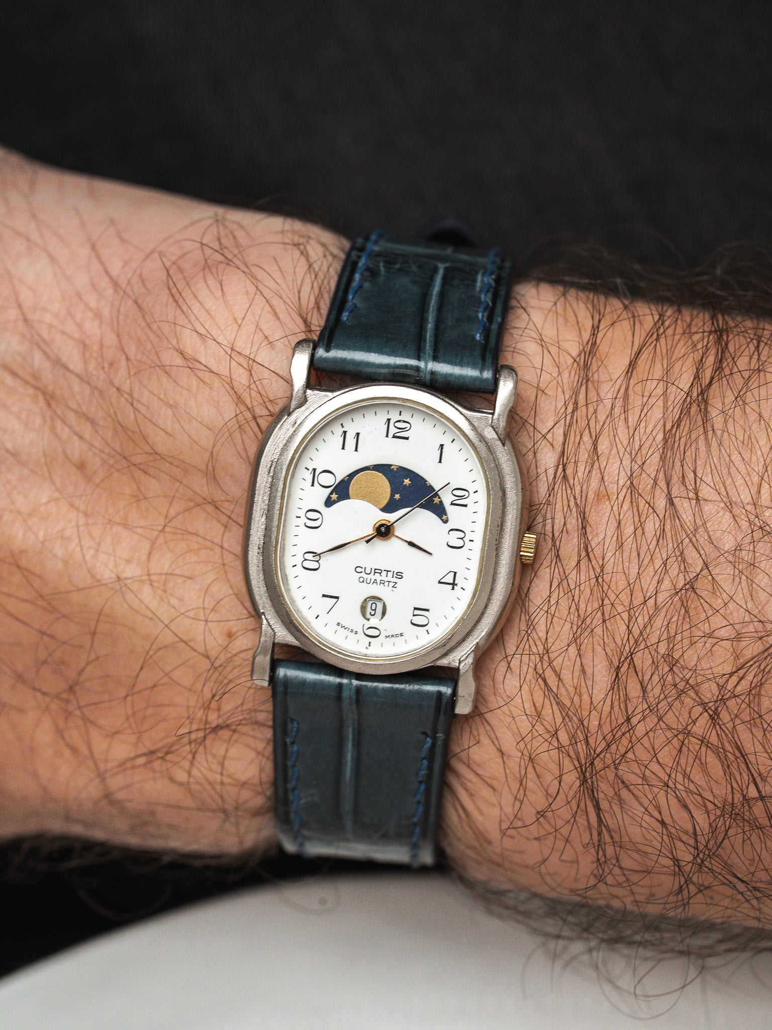 Montre Curtis Vintage Acier — Phase de Lune Cadran Blanc (1990s)