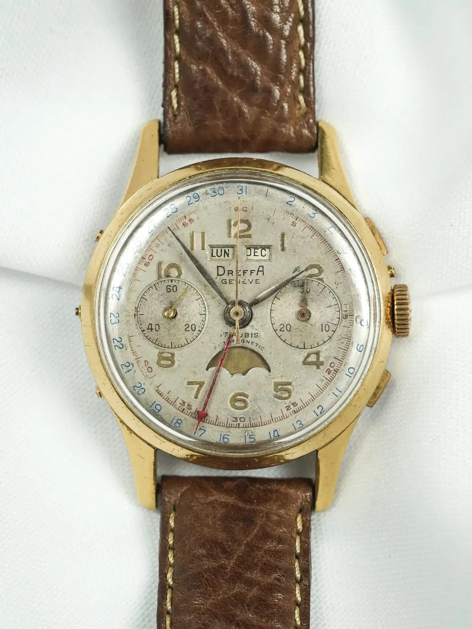 Montre Dreffa Genève Chronographe Phases de Lune Vintage - Plaqué Or 37mm (Années 1950) - Atelier Victor