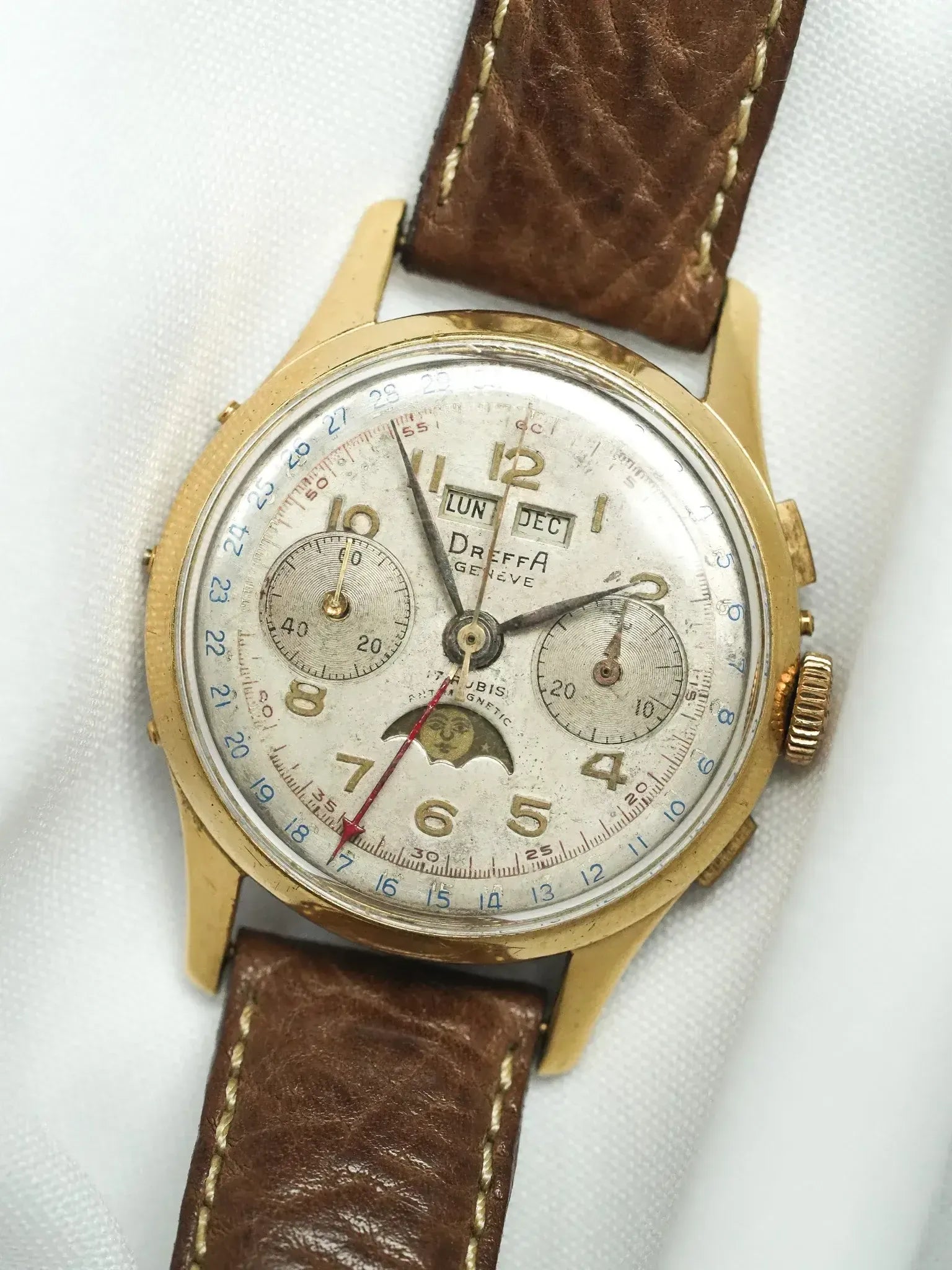 Montre Dreffa Genève Chronographe Phases de Lune Vintage - Plaqué Or 37mm (Années 1950) - Atelier Victor