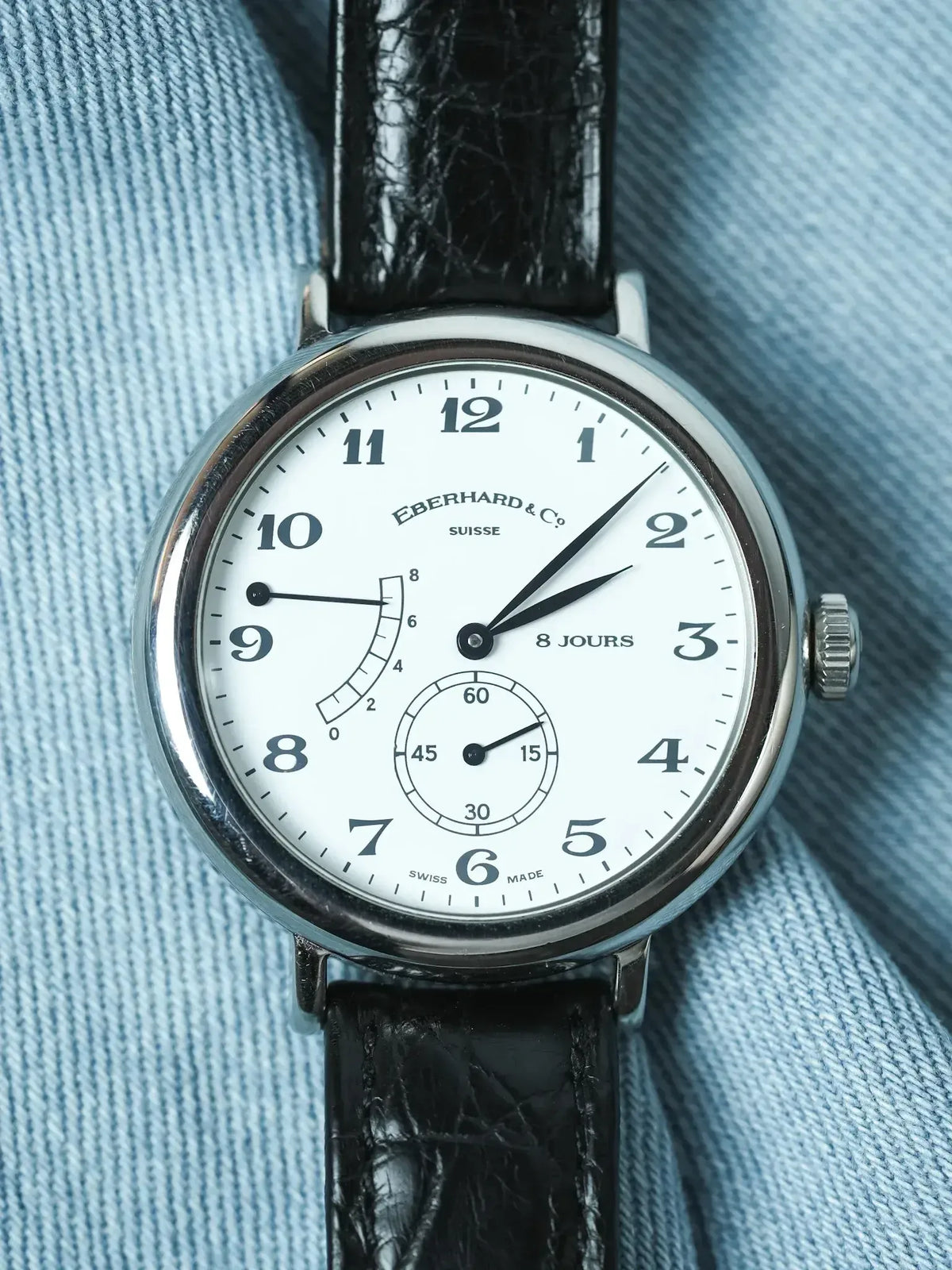 Eberhard & Co vintage watch with white dial, black leather strap, 8 Jours power reserve
