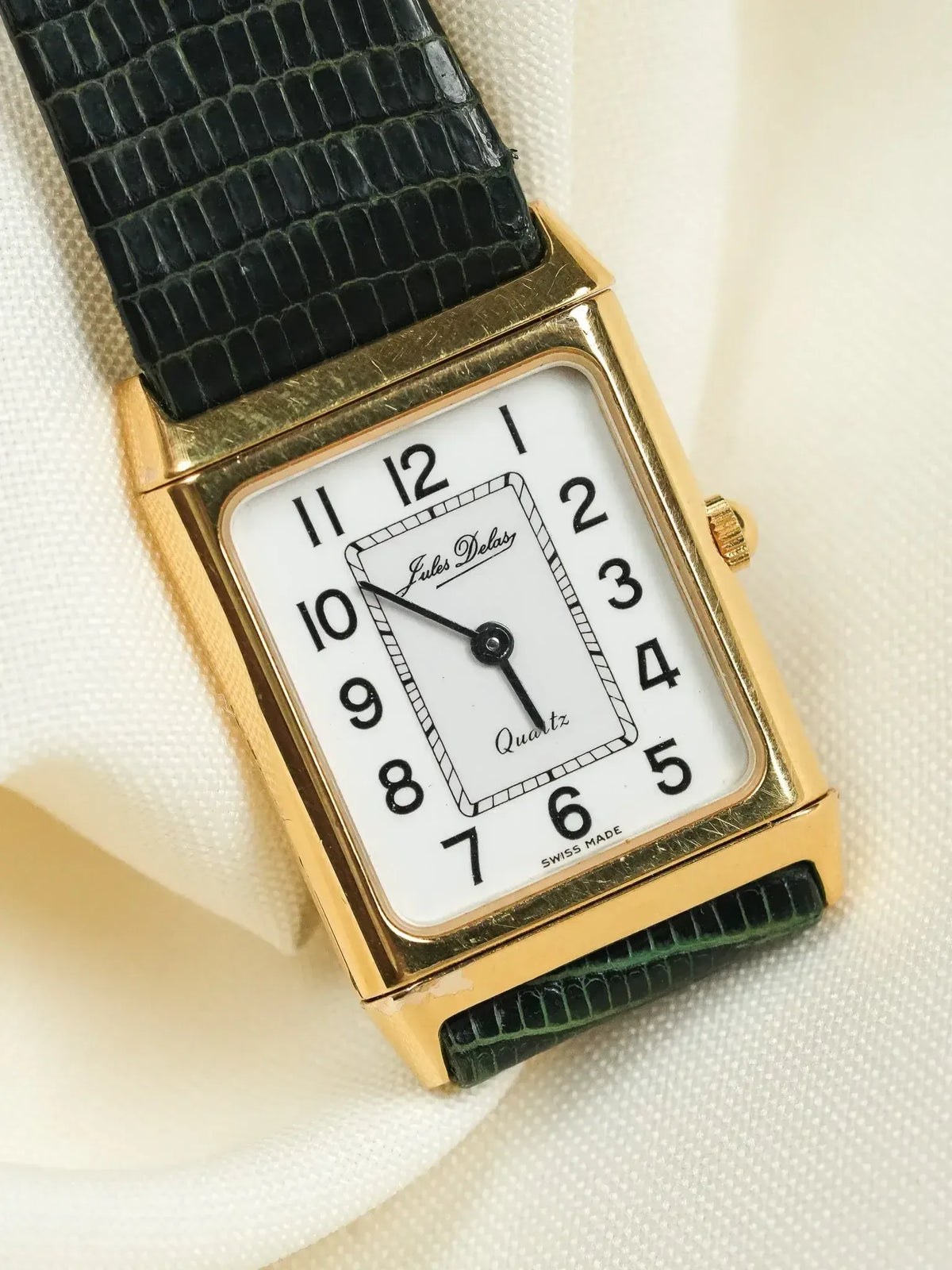 Jules Delas vintage quartz watch, gold case, white dial, black alligator strap