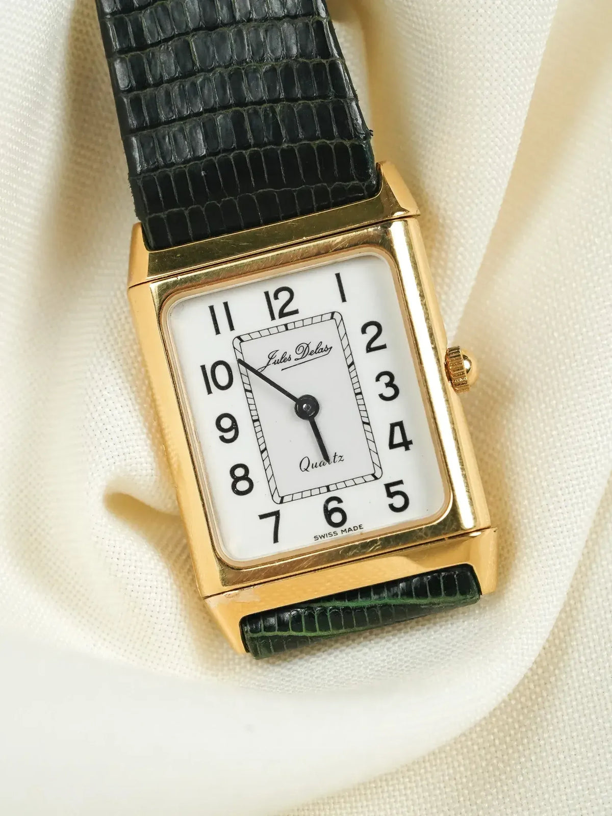 Jules Delas vintage quartz watch, gold case, white dial, black crocodile strap
