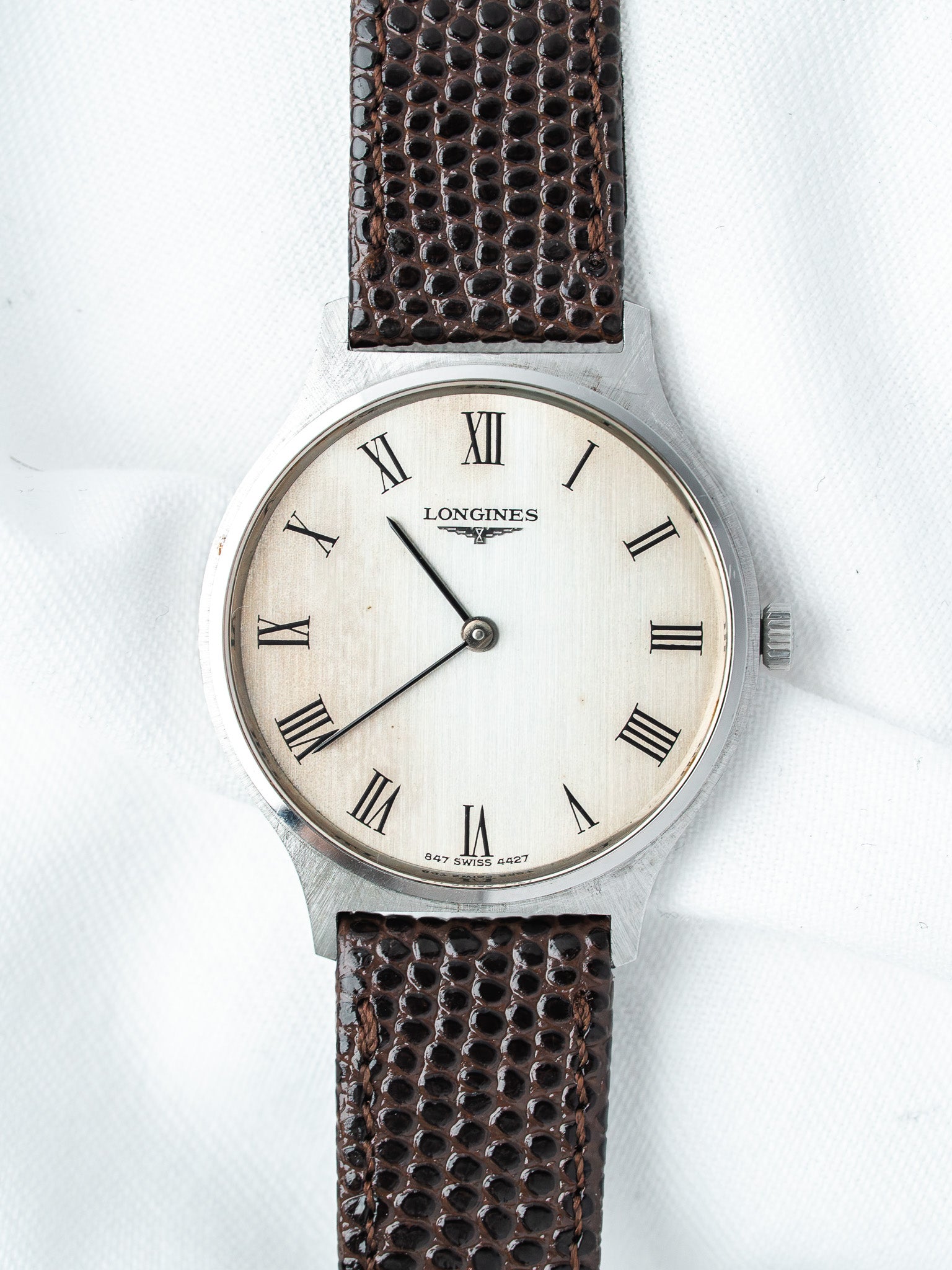 Longines 4427 不锈钢腕表 — 拉丝银色表盘 手动上链（1972） 