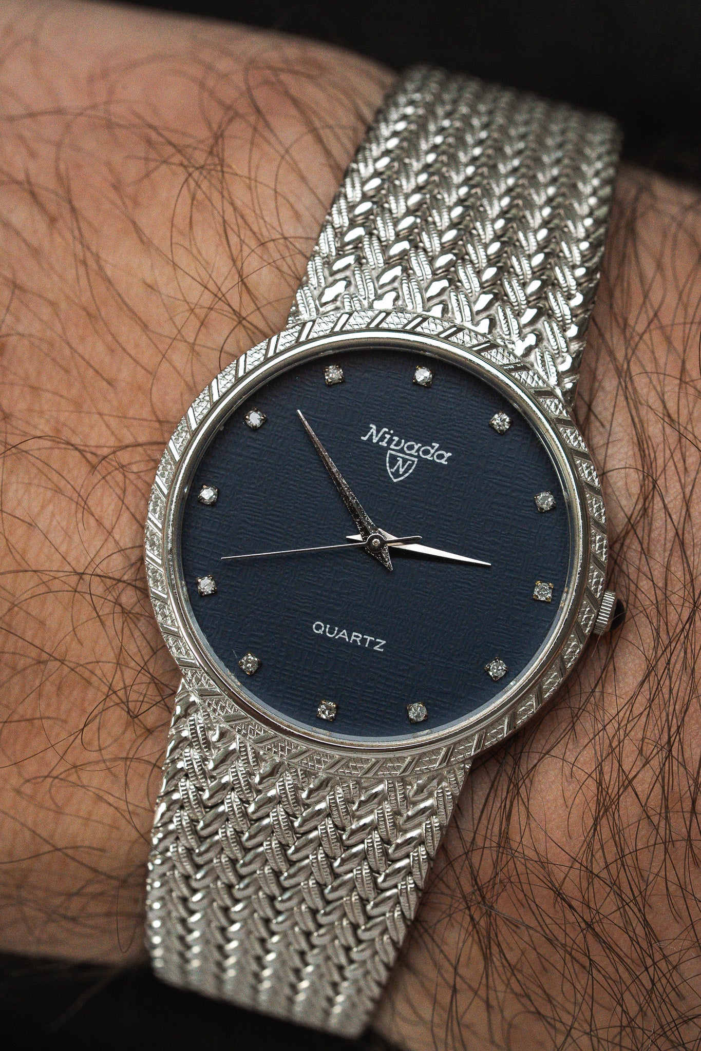 Vintage Nivada Quartz Watch — Blue Linen Dial and Braided Mesh 