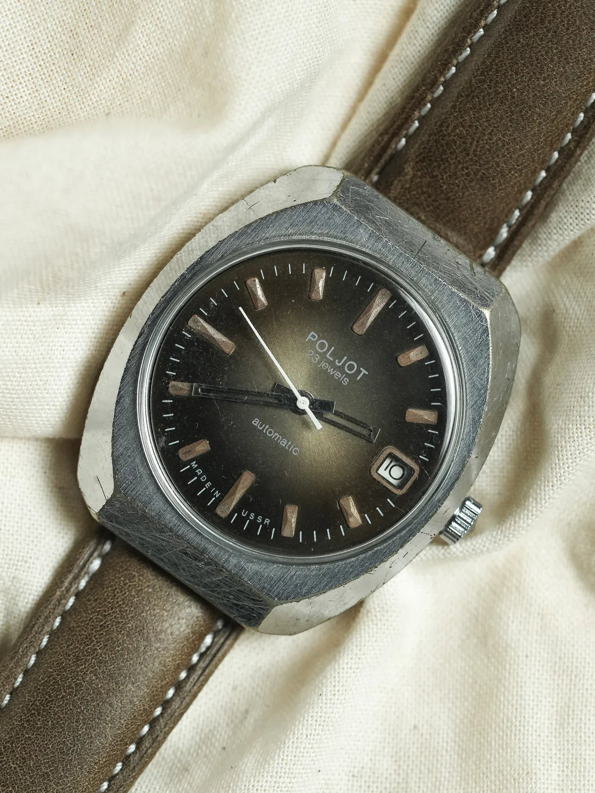 Poljot vintage automatic watch with black dial, brown leather strap, USSR made