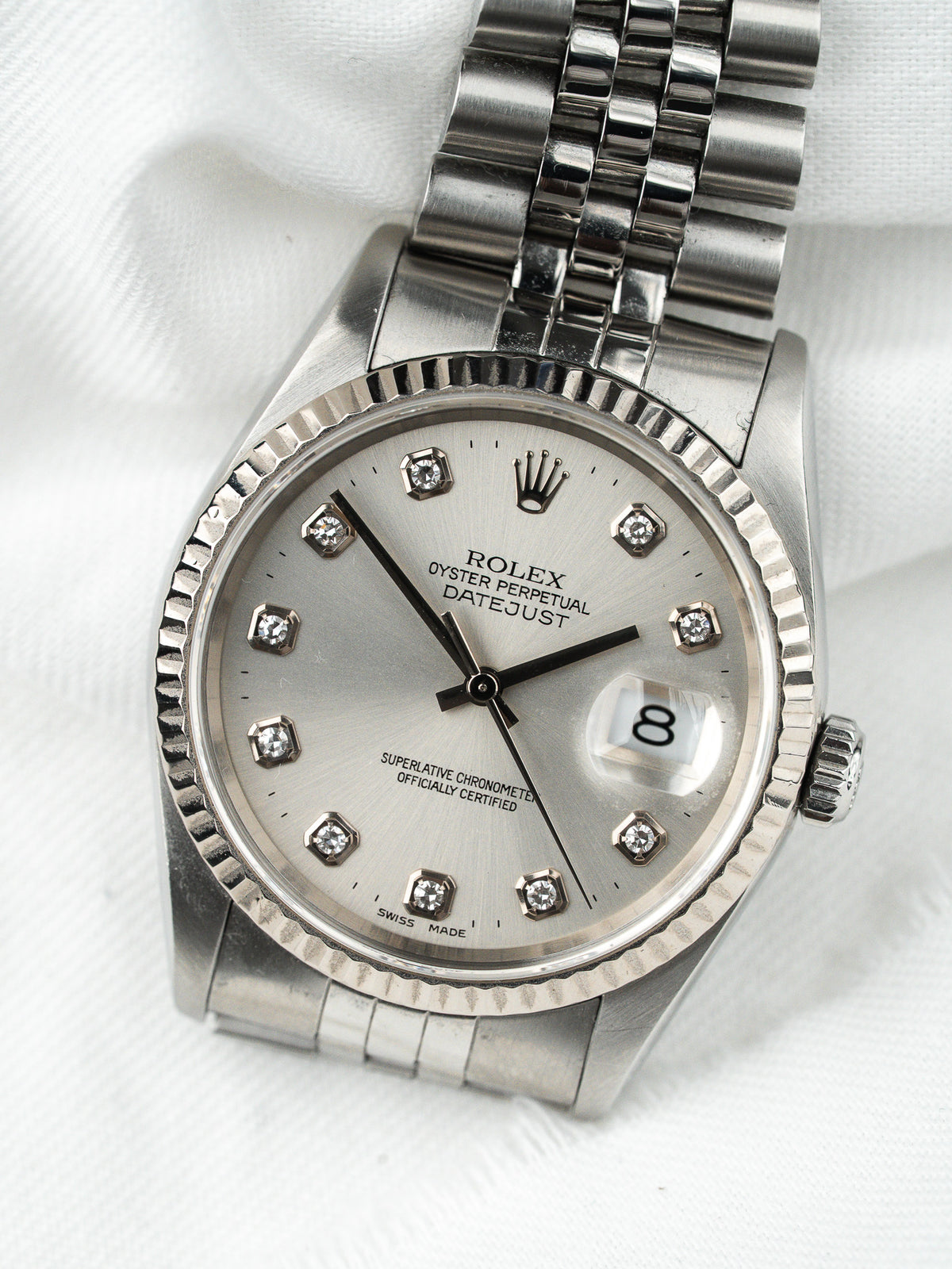 Close-up of the silvered dial, Cyclops lens - Vintage Rolex Datejust Watch 16234 - Atelier Victor