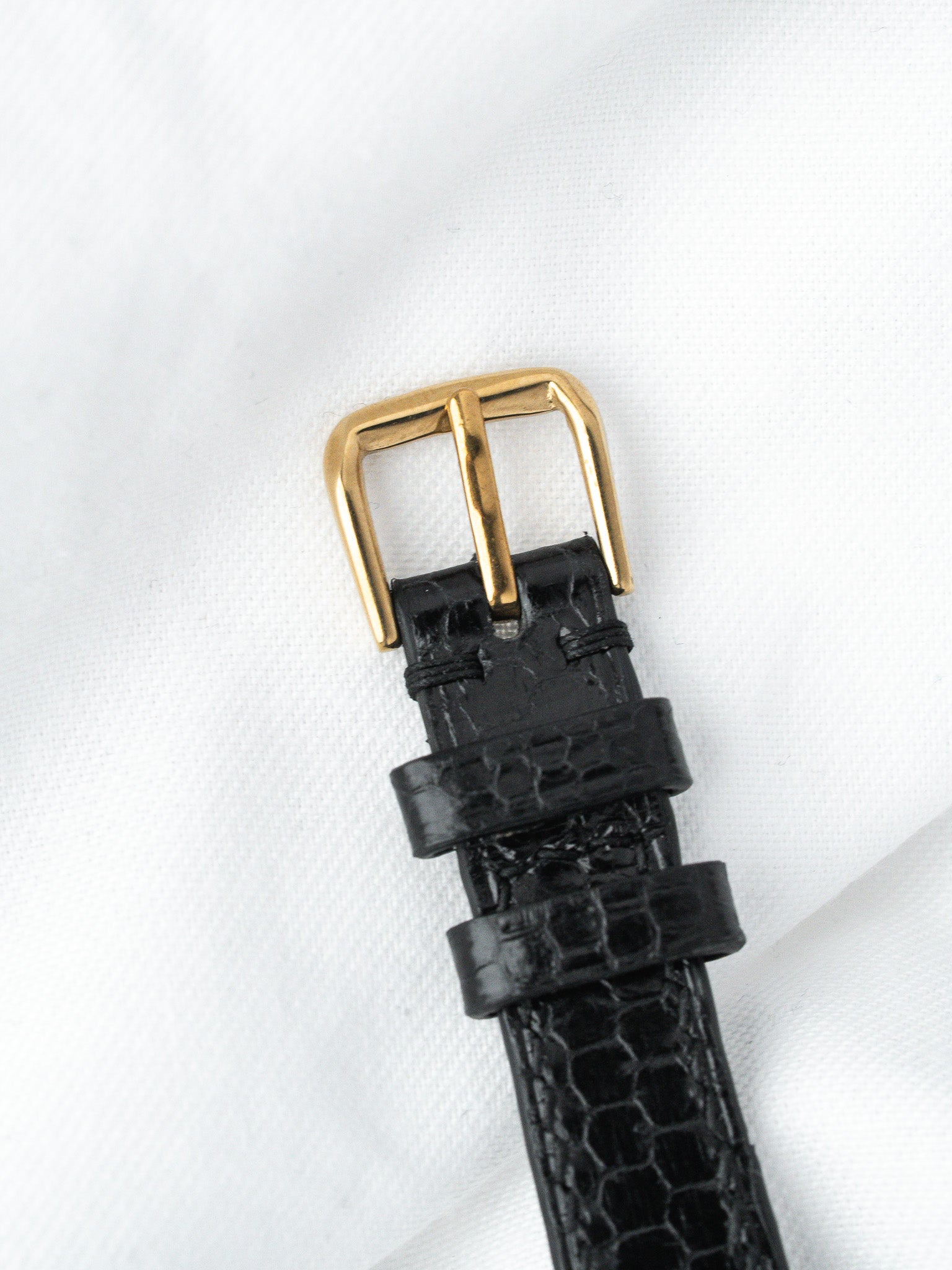 Black crocodile leather watch strap with gold buckle on white background