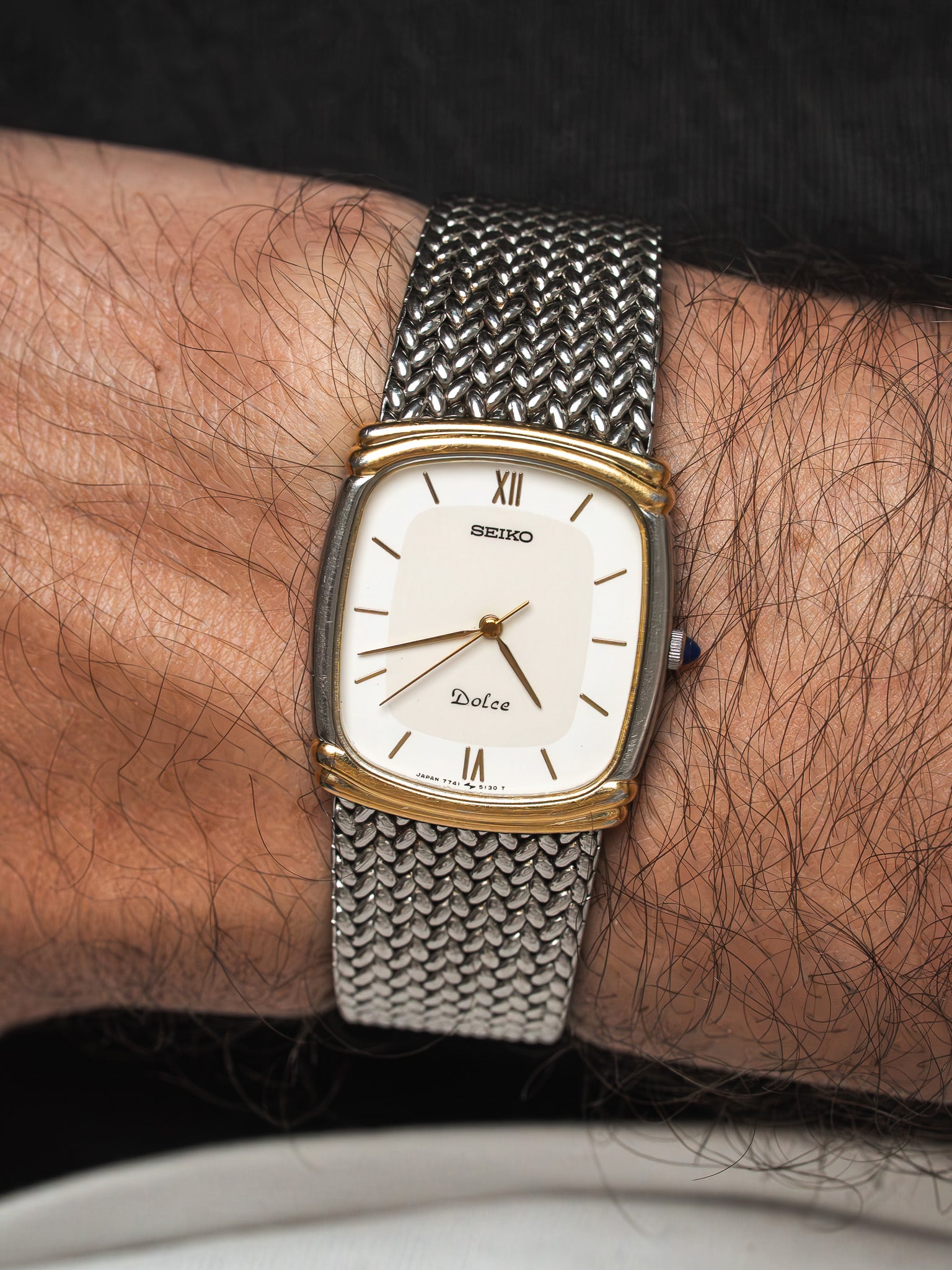 Montre Seiko Dolce 7741-5110 Bicolore — Coussin Maille Milanaise (1989)