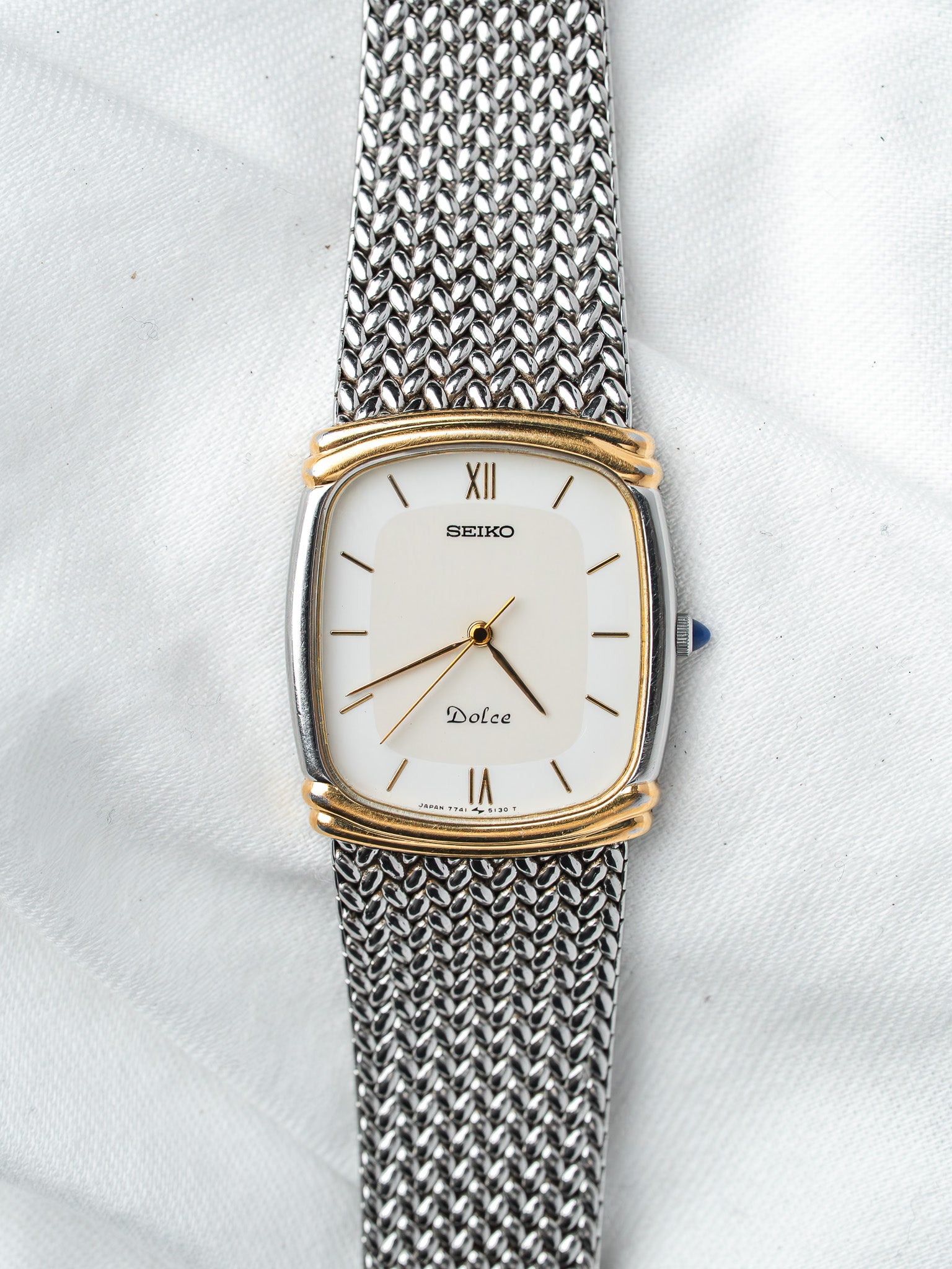 Montre Seiko Dolce 7741-5110 Bicolore — Coussin Maille Milanaise (1989)