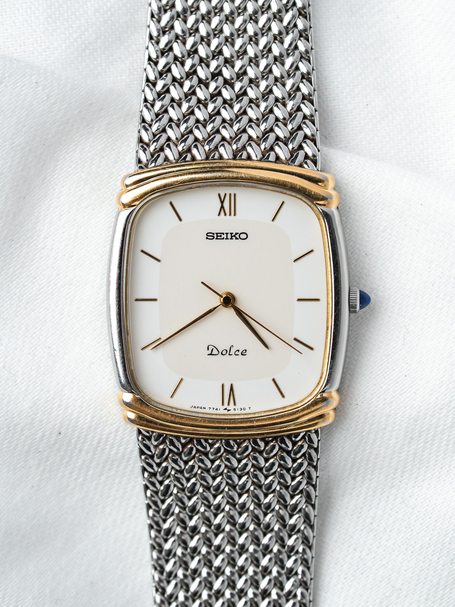 Montre Seiko Dolce 7741-5110 Bicolore — Coussin Maille Milanaise (1989)