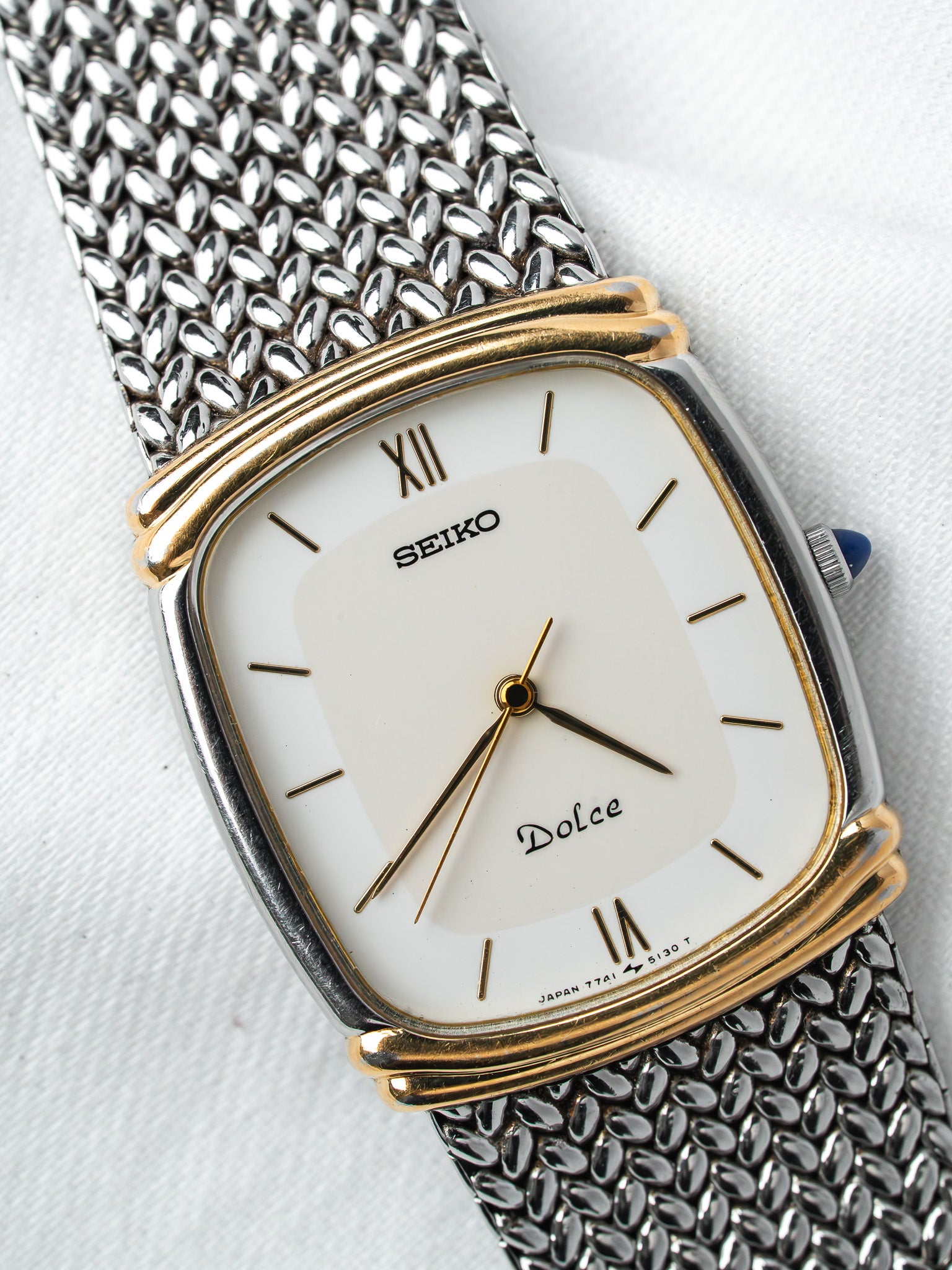 Montre Seiko Dolce 7741-5110 Bicolore — Coussin Maille Milanaise (1989)
