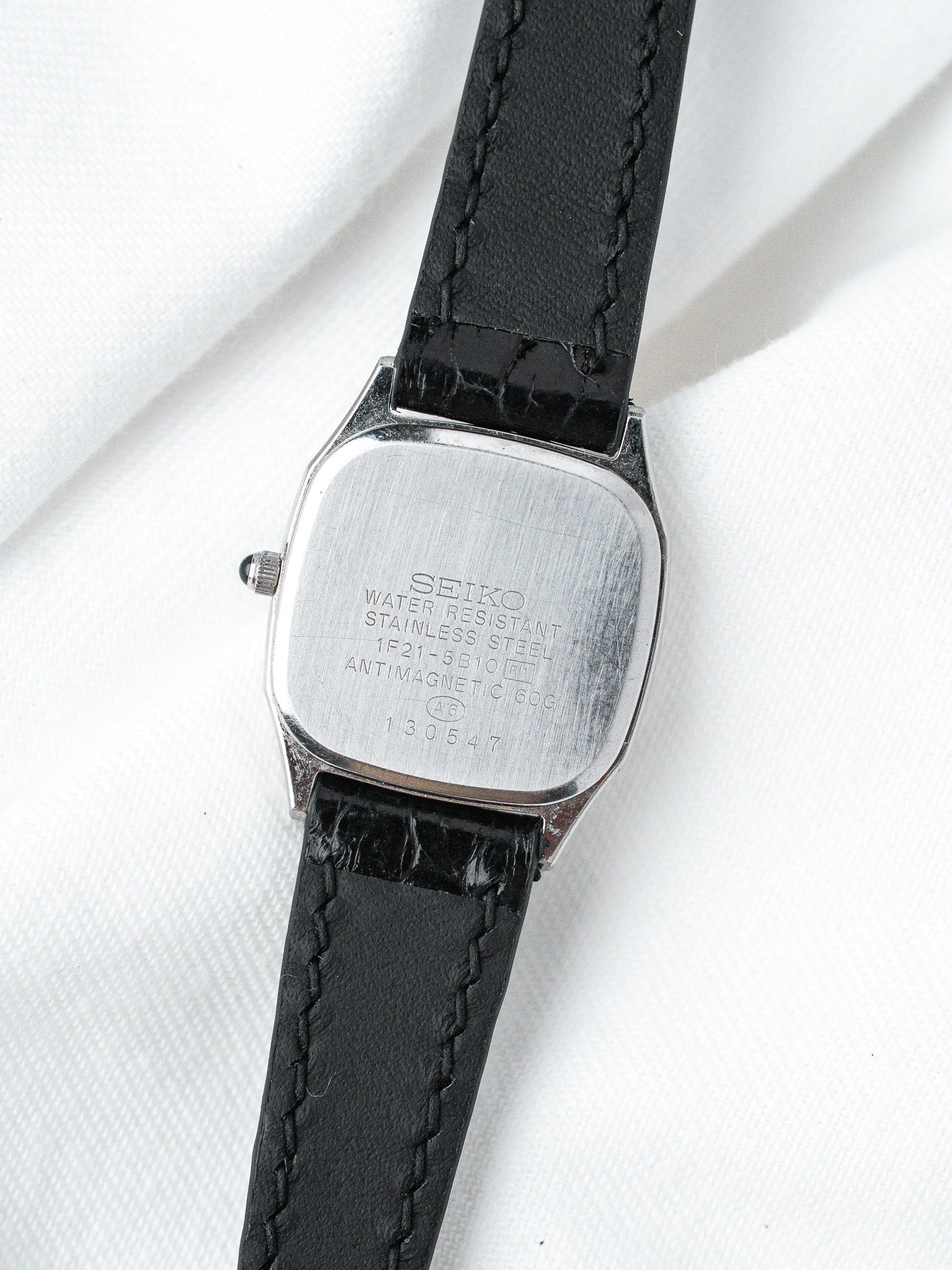 Seiko vintage watch back stainless steel water resistant with black leather strap