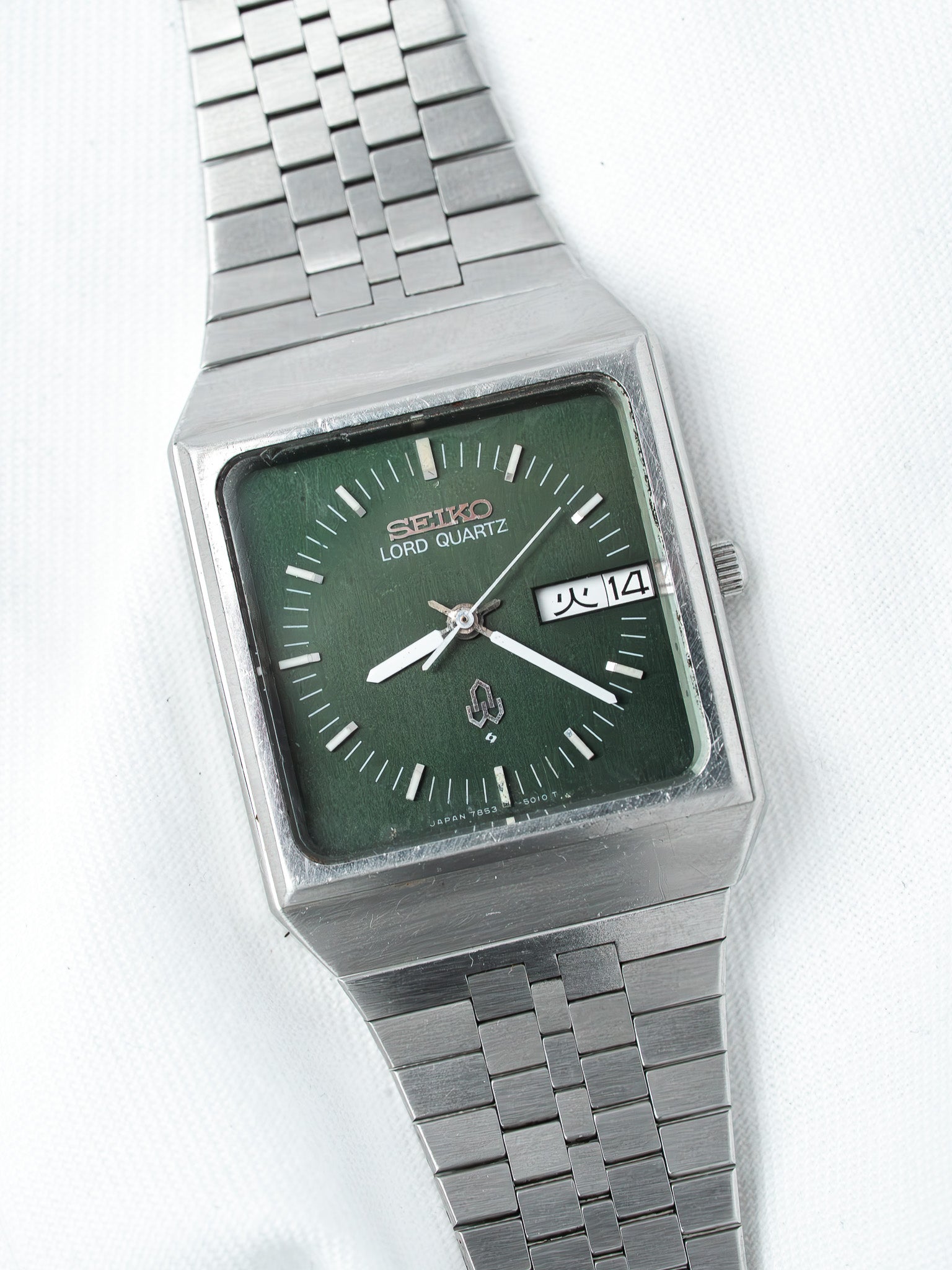 Seiko Lord Quartz vintage watch with green dial and steel bracelet